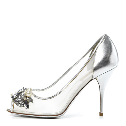 Valentino Garavani Metallic Nappa Mesh Crystal Pearl Peep Toe Pumps 37 Silver 1 of 7