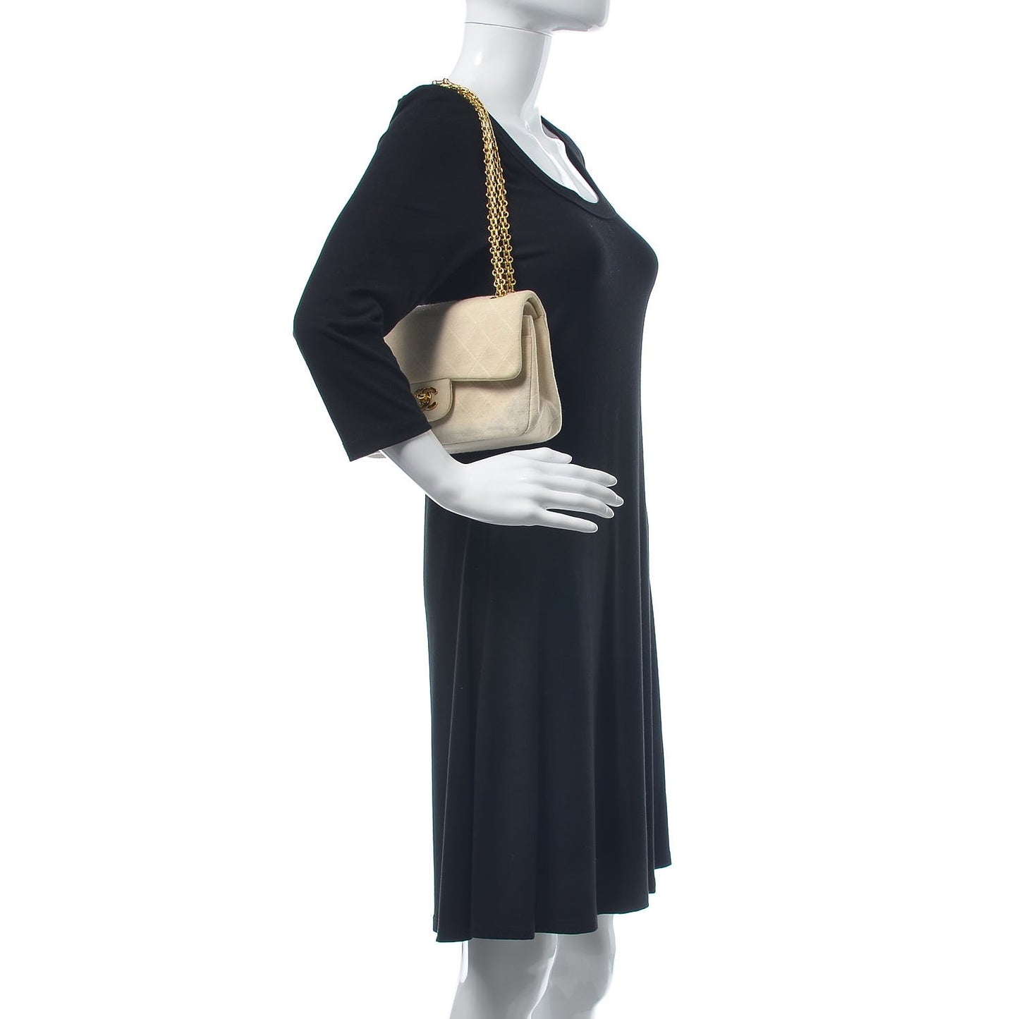 Jersey Quilted Small Bijoux Chain Double Flap Beige