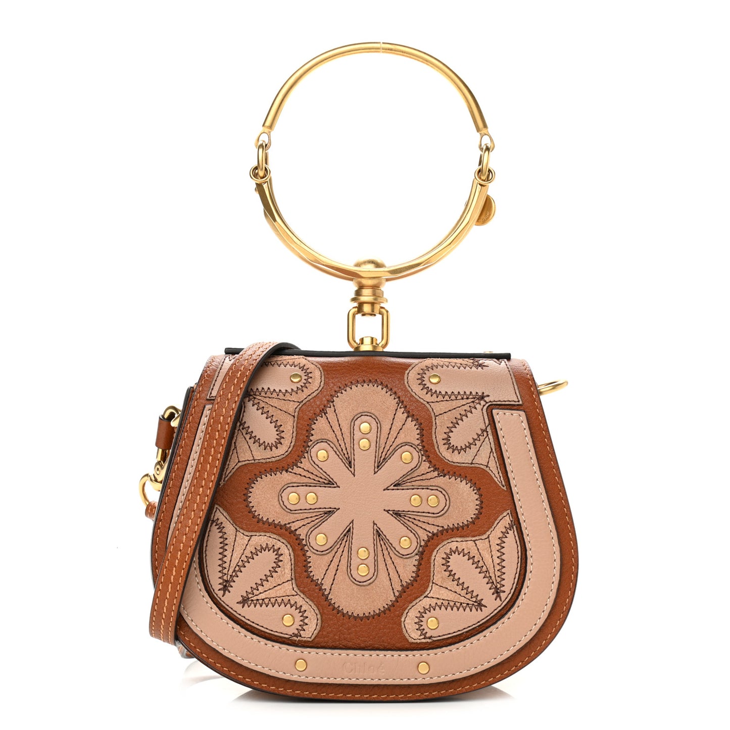 Calfskin Suede Floral Patchwork Small Nile Bracelet Bag Caramel