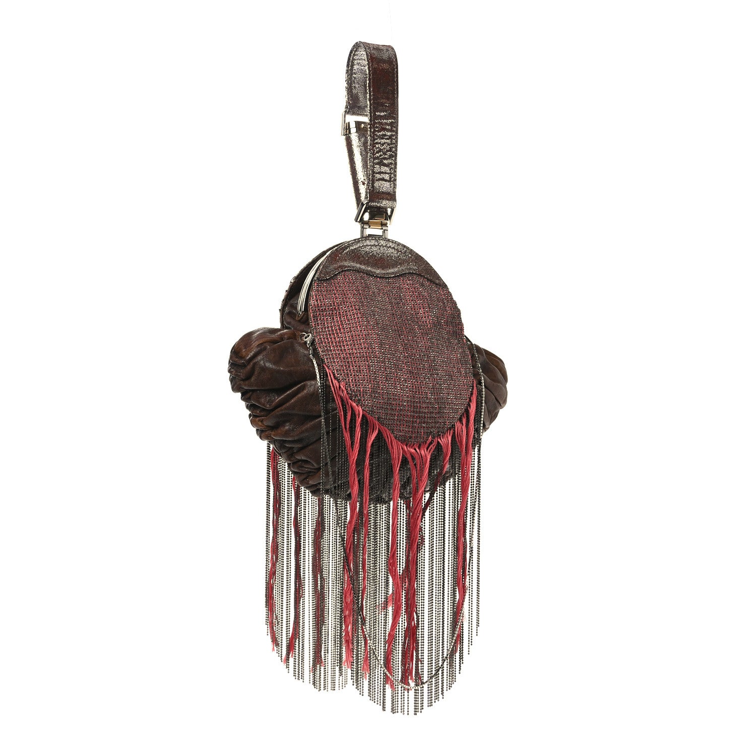 Fendi Nappa Nuvolata Beaded Fringe Spy Clutch Brown Red 3 of 11