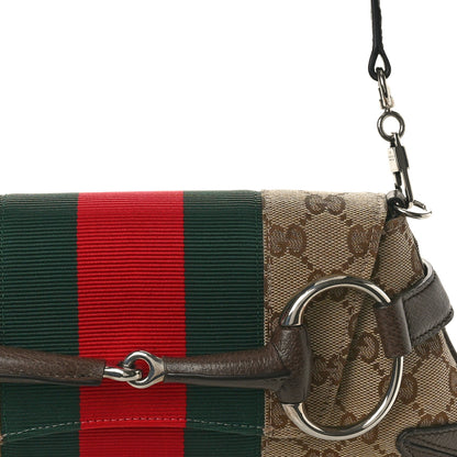 Gucci Monogram Textured Dollar Calfskin Heavy Grosgrain Web Small Maxi Horsebit Chain Shoulder Bag Beige Ebony New Acero 8 of 10
