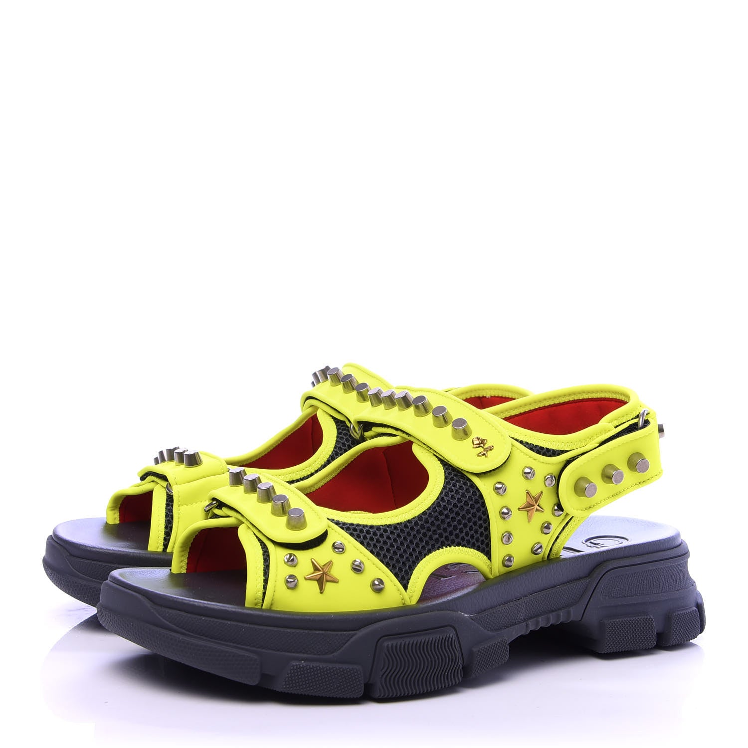 Gucci Technical Canvas Calfskin Studded Mens Aguru Sandals 10 Neon Yellow 3 of 9