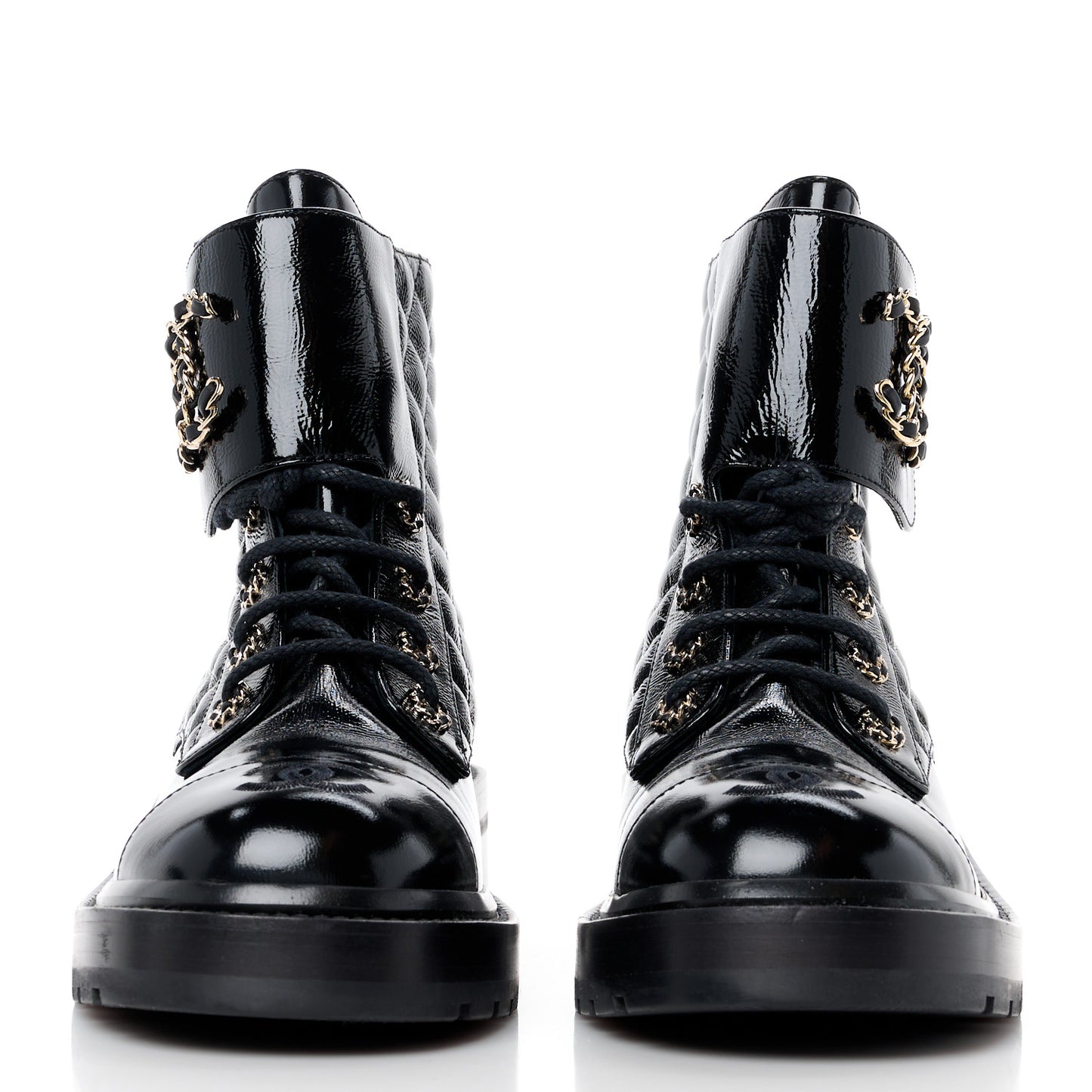 Shiny Lambskin Quilted Lace Up Combat Boots 39 Black
