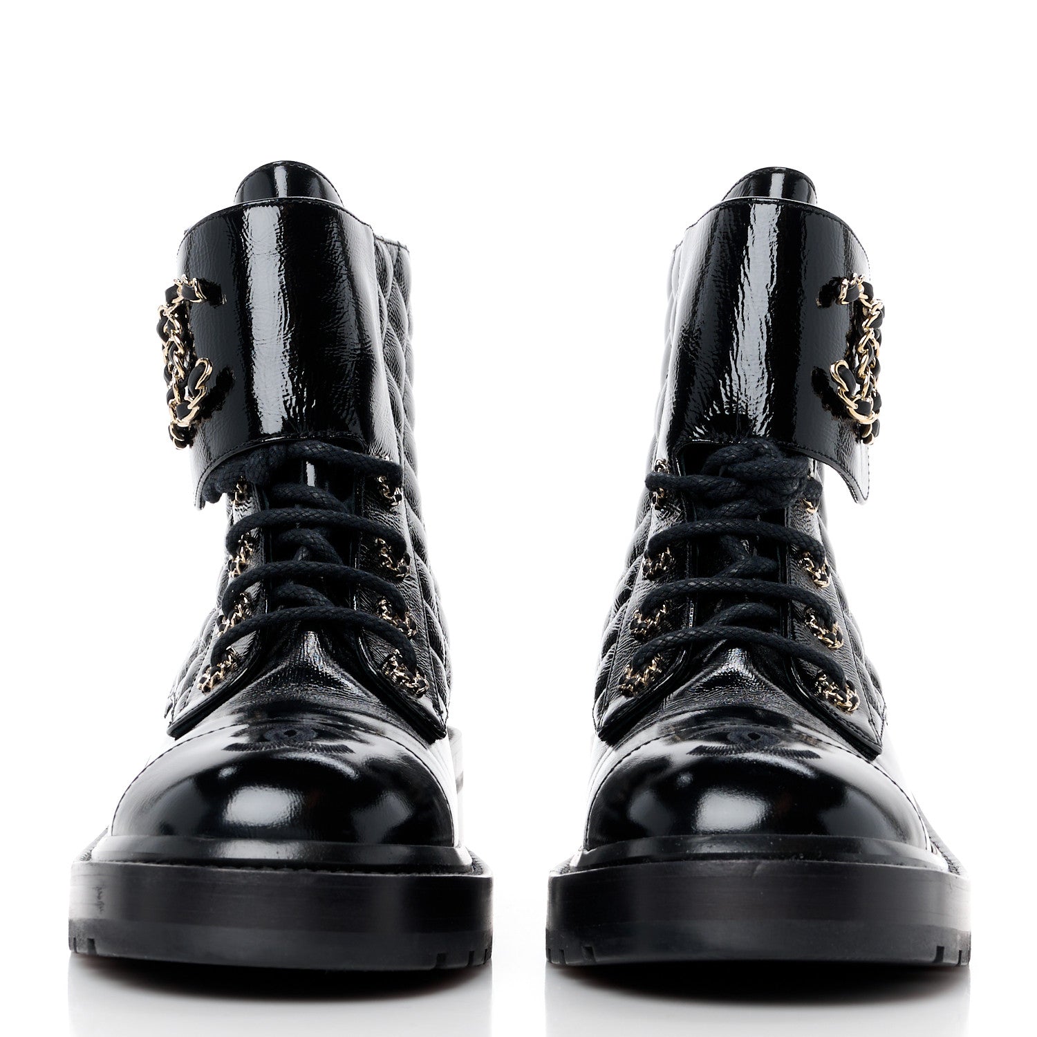 Chanel Shiny Lambskin Quilted Lace Up Combat Boots 39 Black 2 of 10