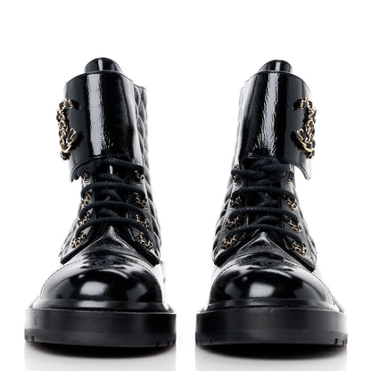 Chanel Shiny Lambskin Quilted Lace Up Combat Boots 39 Black 2 of 10