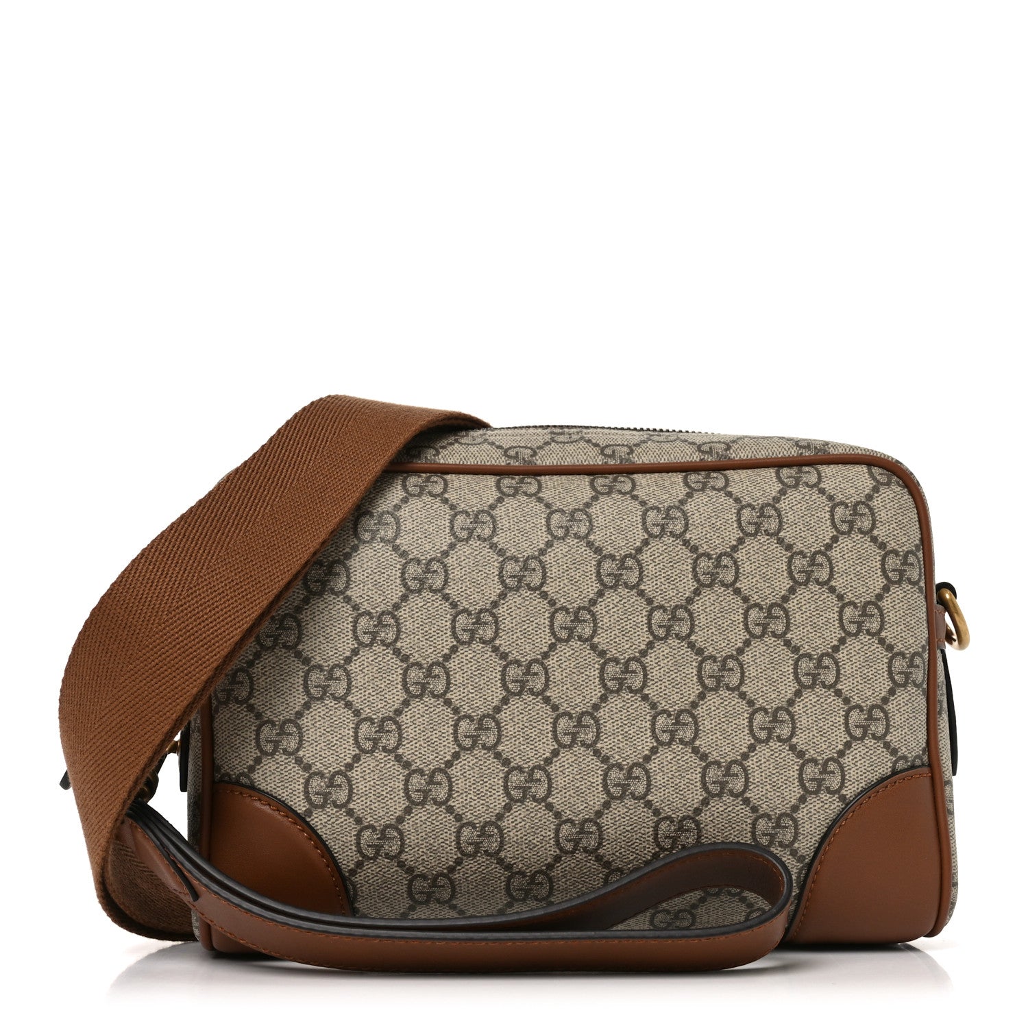 Gucci GG Supreme Monogram Textured Calfskin Emblem Small Crossbody Beige Dark Brown 1 of 10