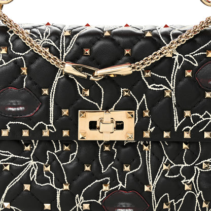 Valentino Garavani Nappa Embroidered Floral Medium Rockstud Spike Shoulder Bag Black Red 8 of 10