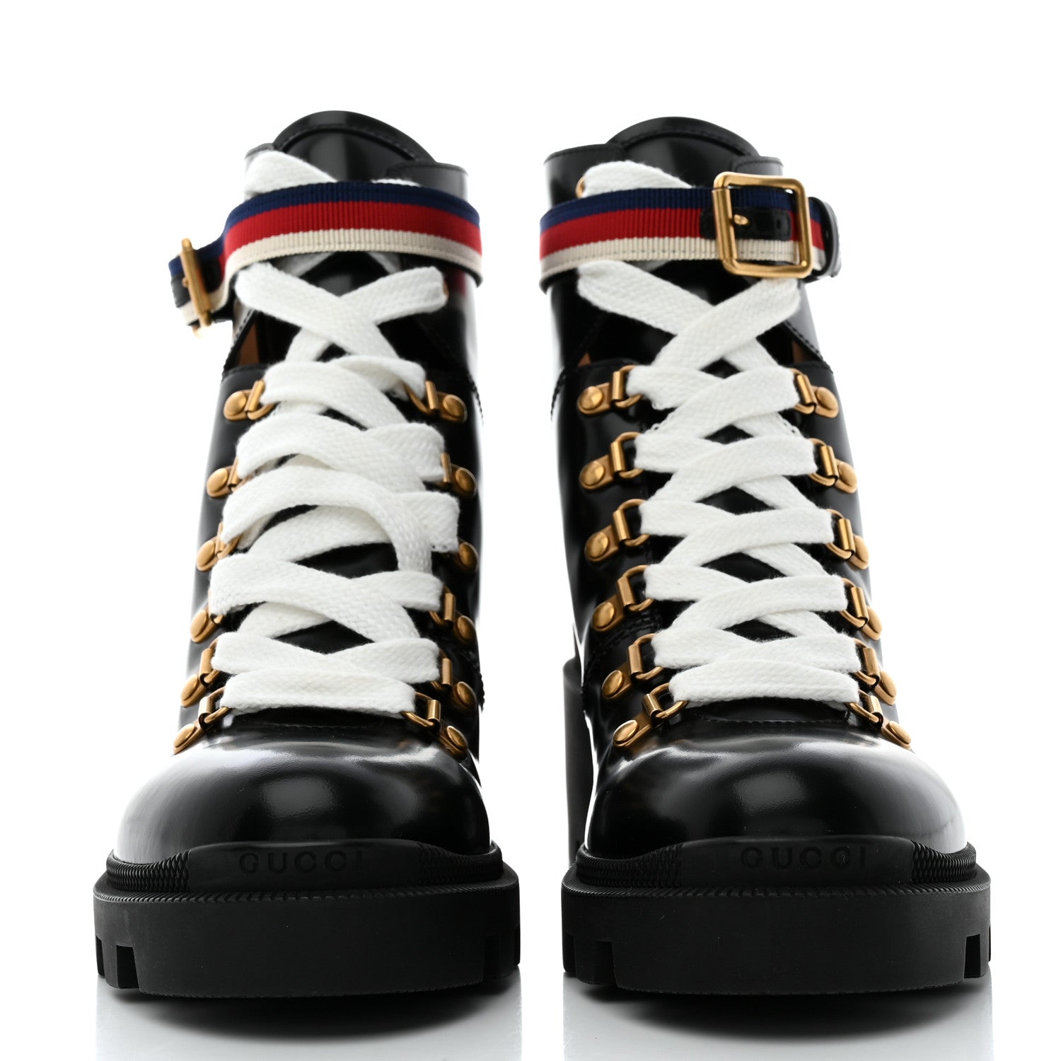 Gucci Calfskin Sylvie Web Womens Lace Up Combat Boots 38.5 Black 2 of 9