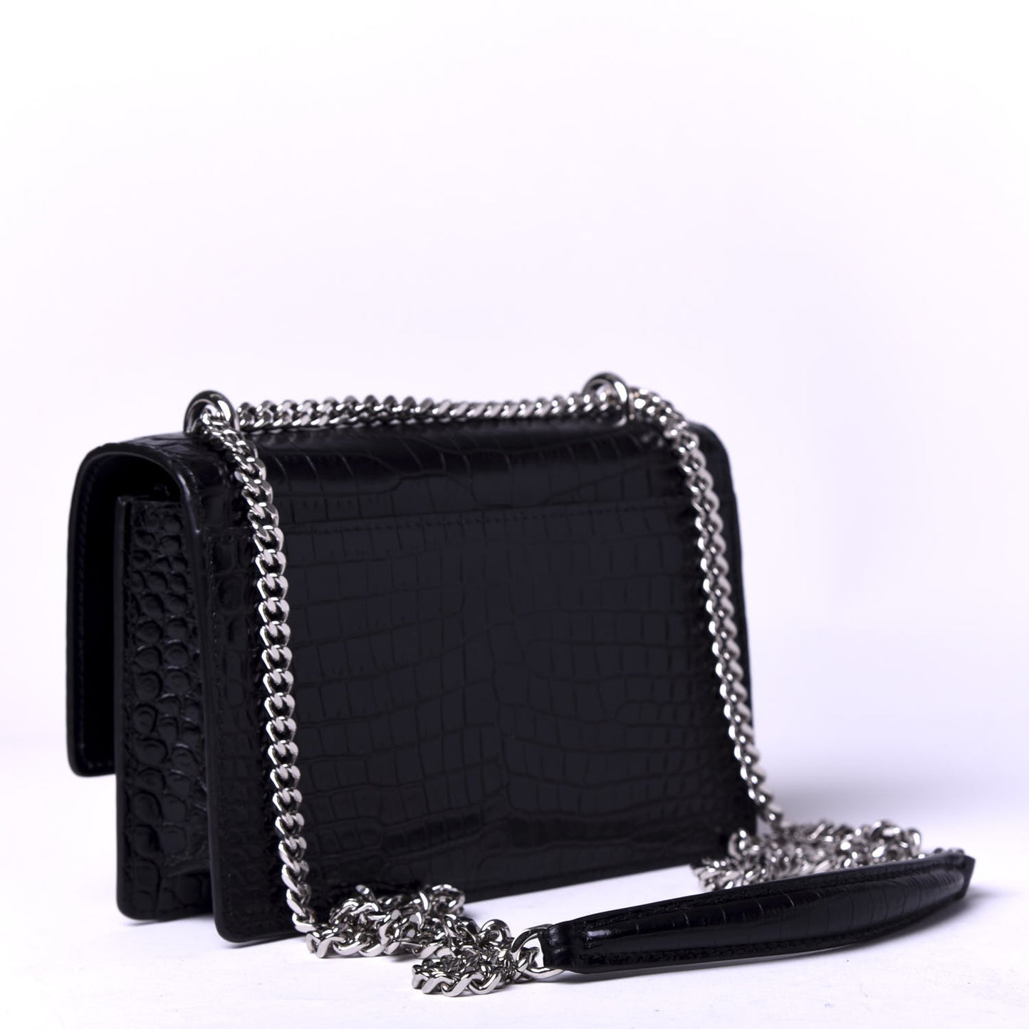 Calfskin Crocodile Embossed Monogram Sunset Chain Wallet Black