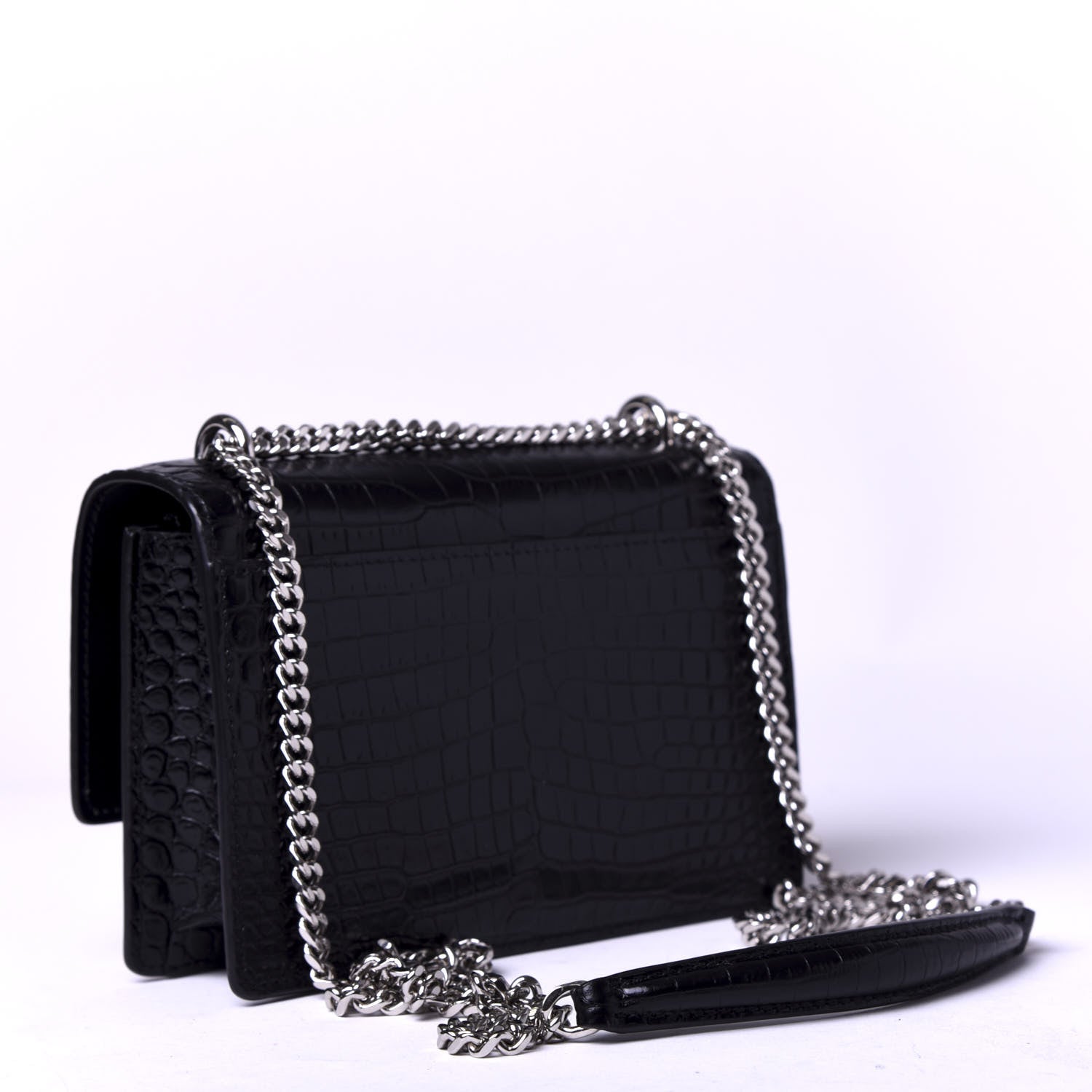 Saint Laurent Calfskin Crocodile Embossed Monogram Sunset Chain Wallet Black 3 of 10