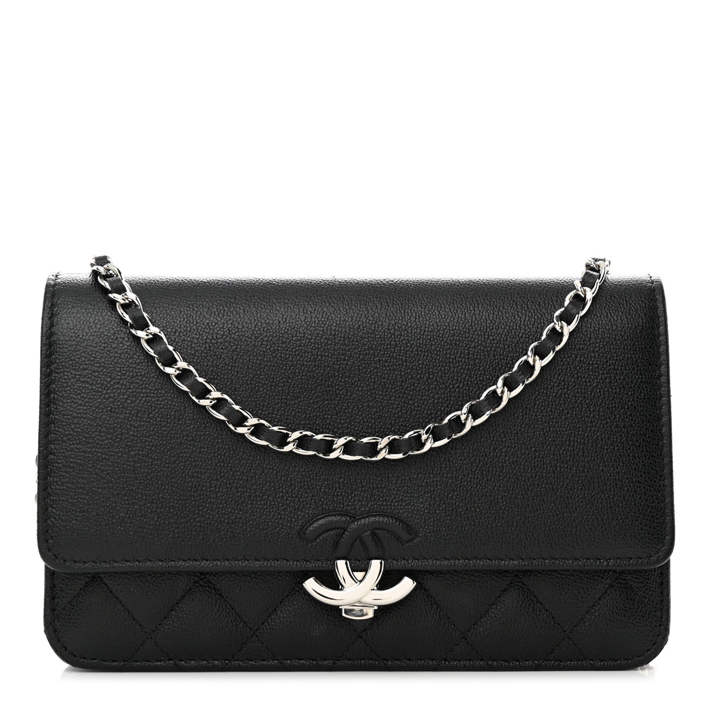 Grained Calfskin Quilted CC Box Wallet On Chain WOC Black