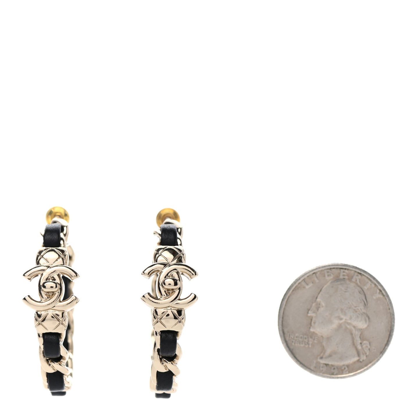 Metal Lambskin Quilted CC Turnlock Chain Hoop Earrings Gold Black