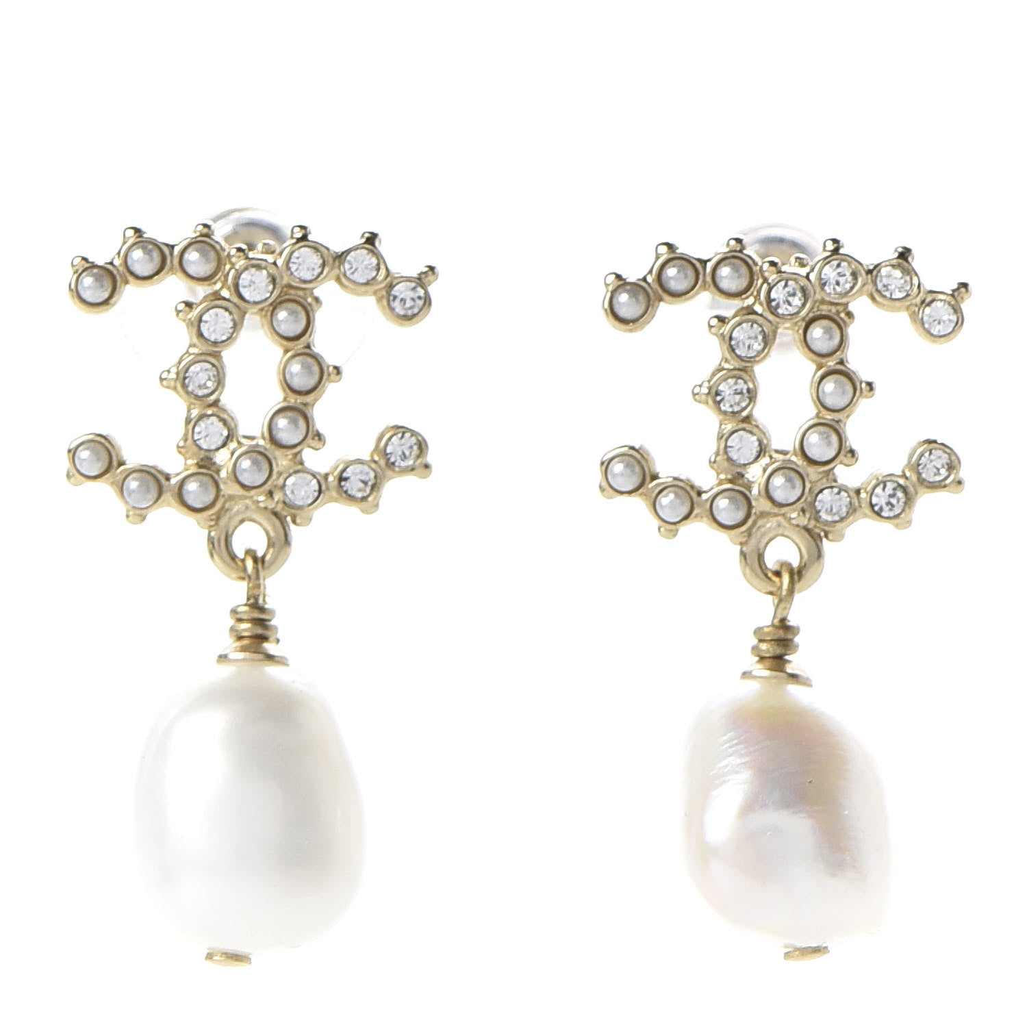 Chanel Crystal Pearl CC Drop Earrings Gold 1 of 5