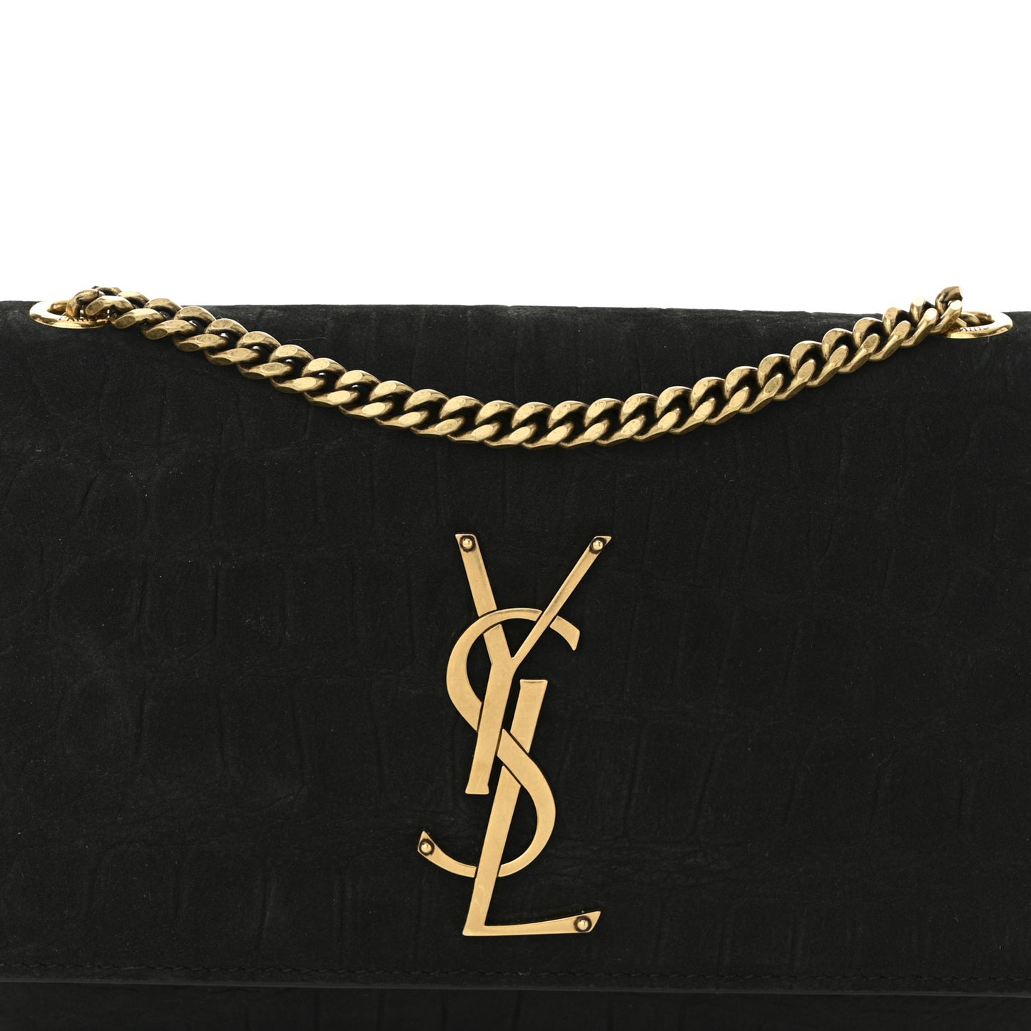 Crocodile Embossed Nubuck Small Monogram Kate Satchel Black