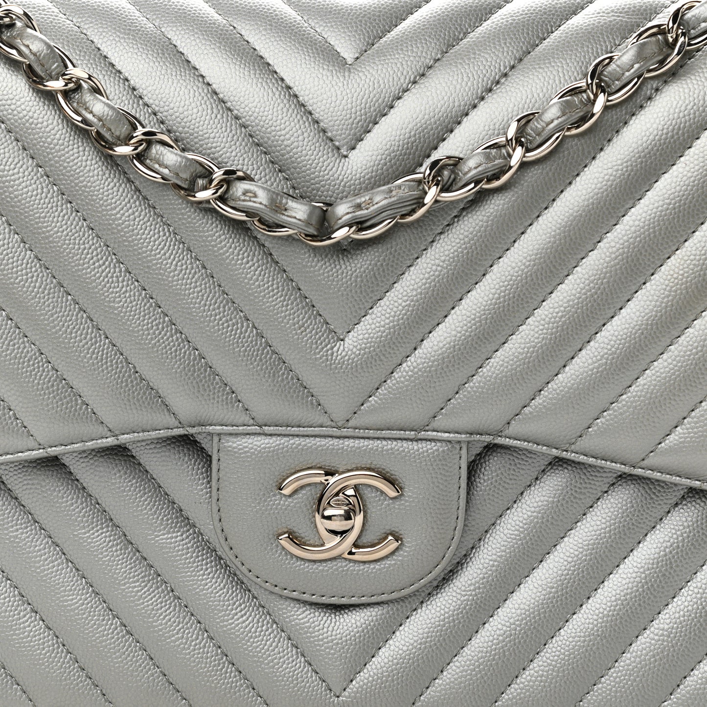 Metallic Caviar Chevron Quilted Jumbo Double Flap Silver