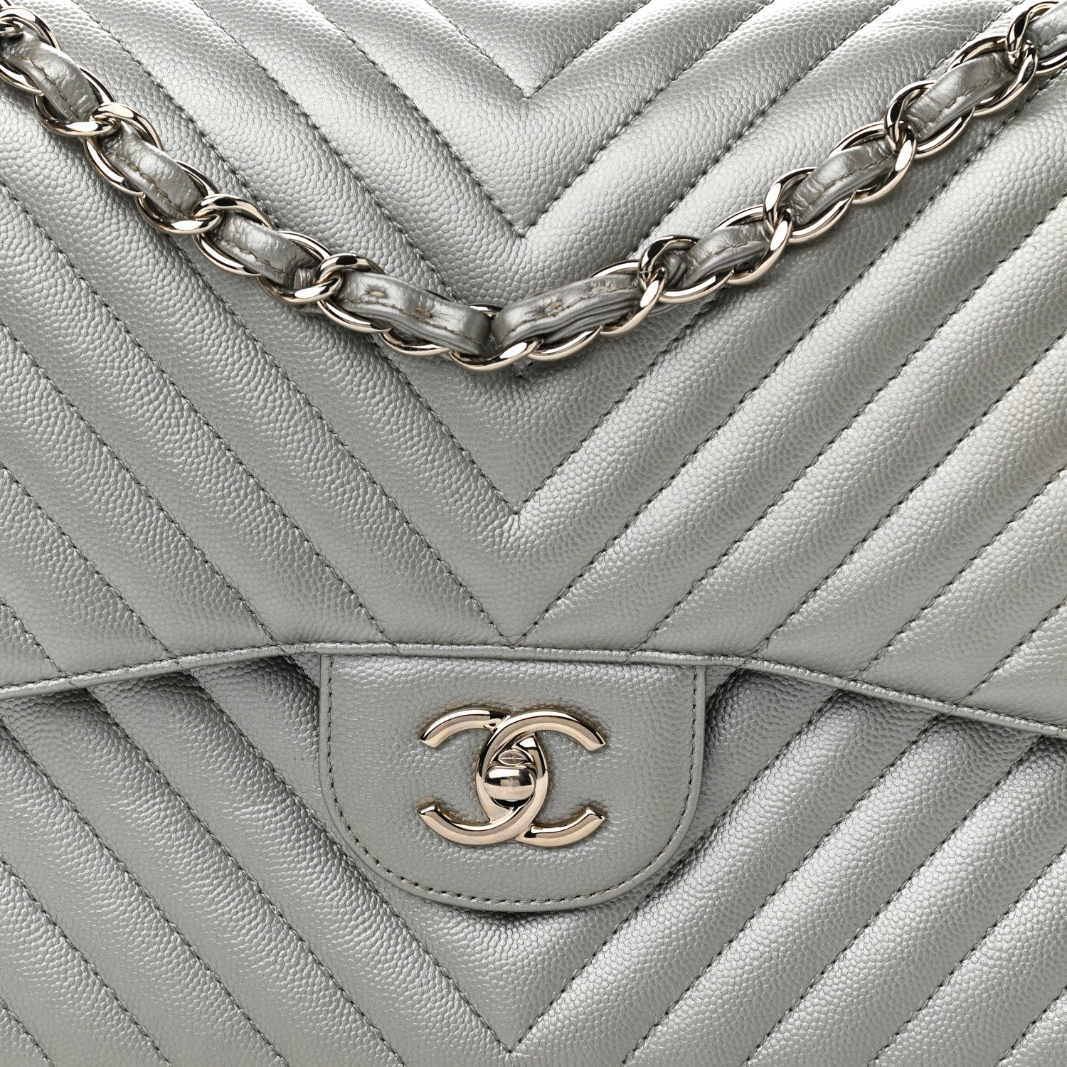Chanel Metallic Caviar Chevron Quilted Jumbo Double Flap Silver 8 of 12