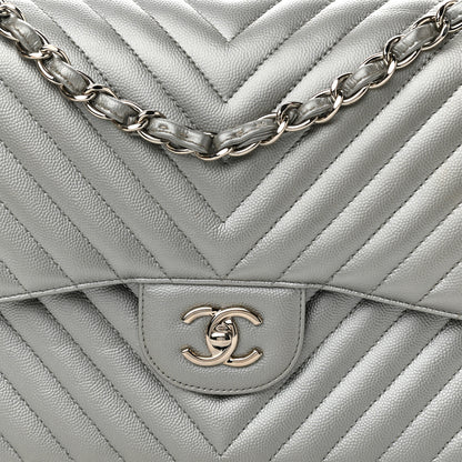 Chanel Metallic Caviar Chevron Quilted Jumbo Double Flap Silver 8 of 12