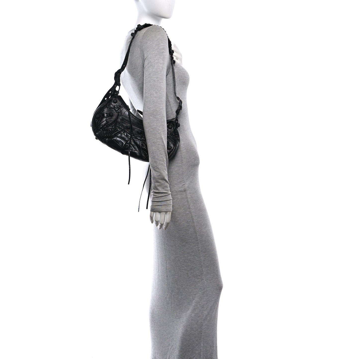 Extra Supple Calfskin Crocodile Embossed Monochrome Small Le Cagole Shoulder Bag Black