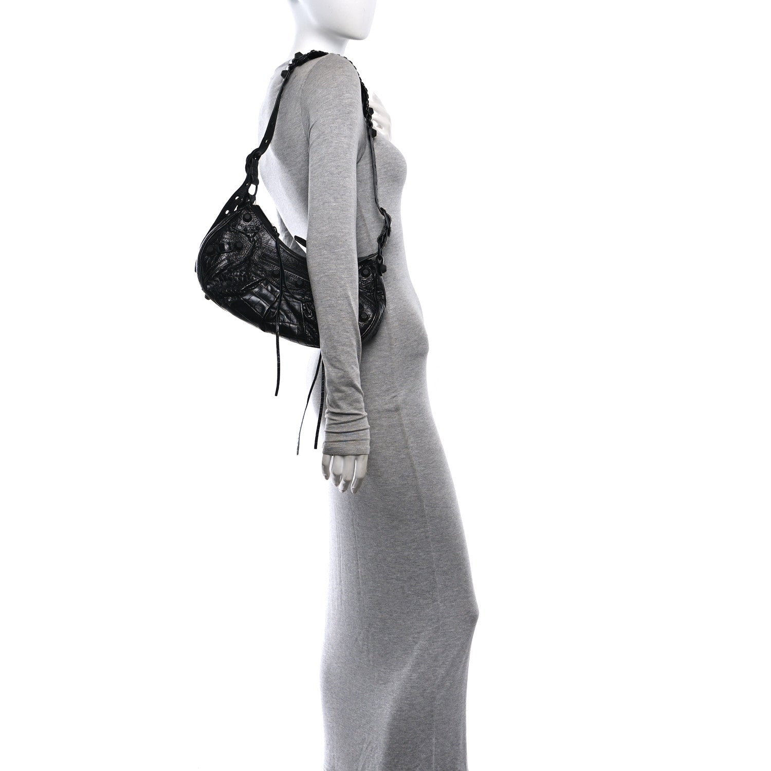 Balenciaga Extra Supple Calfskin Crocodile Embossed Monochrome Small Le Cagole Shoulder Bag Black 2 of 11