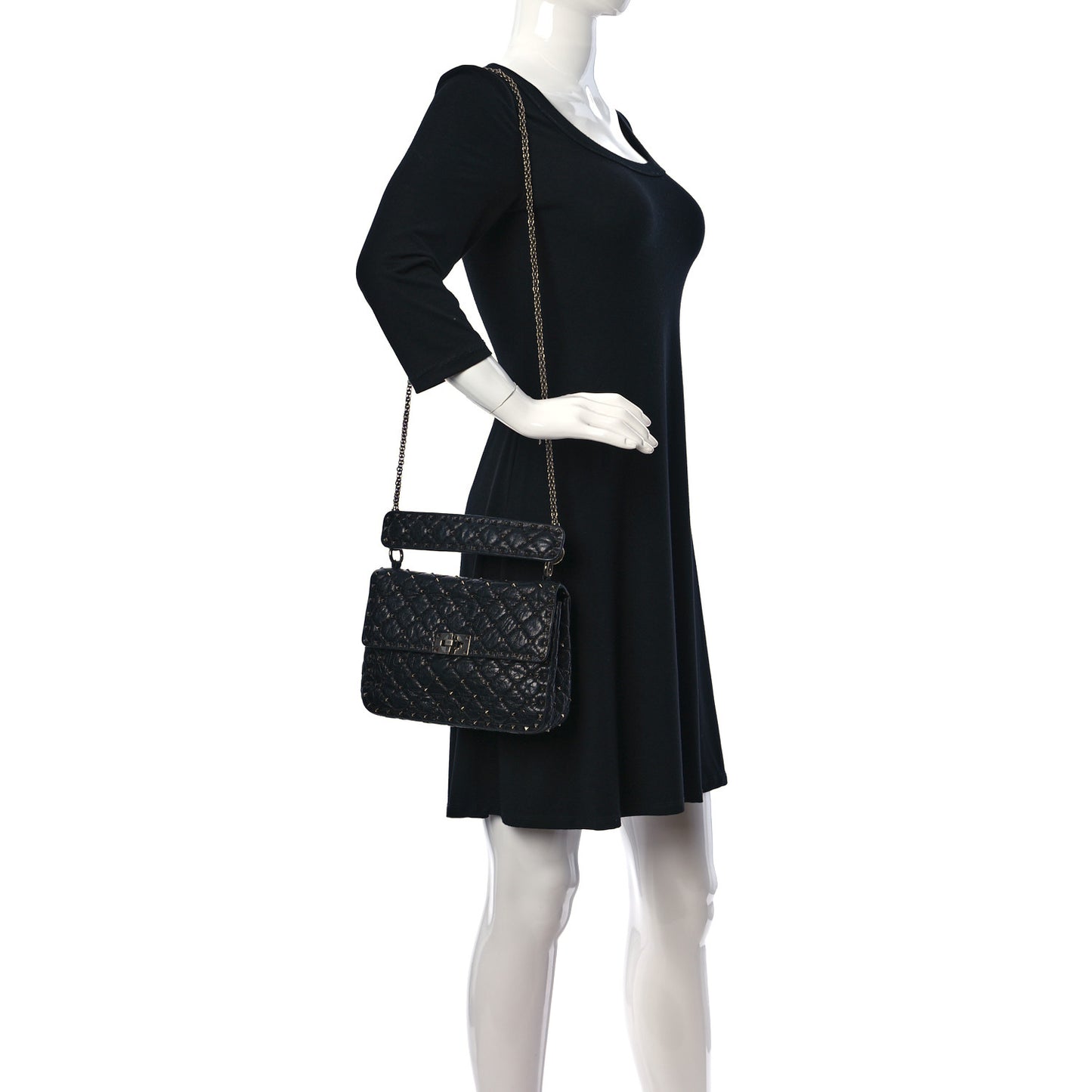 Craquele Nappa Medium Rockstud Spike Shoulder Bag Black