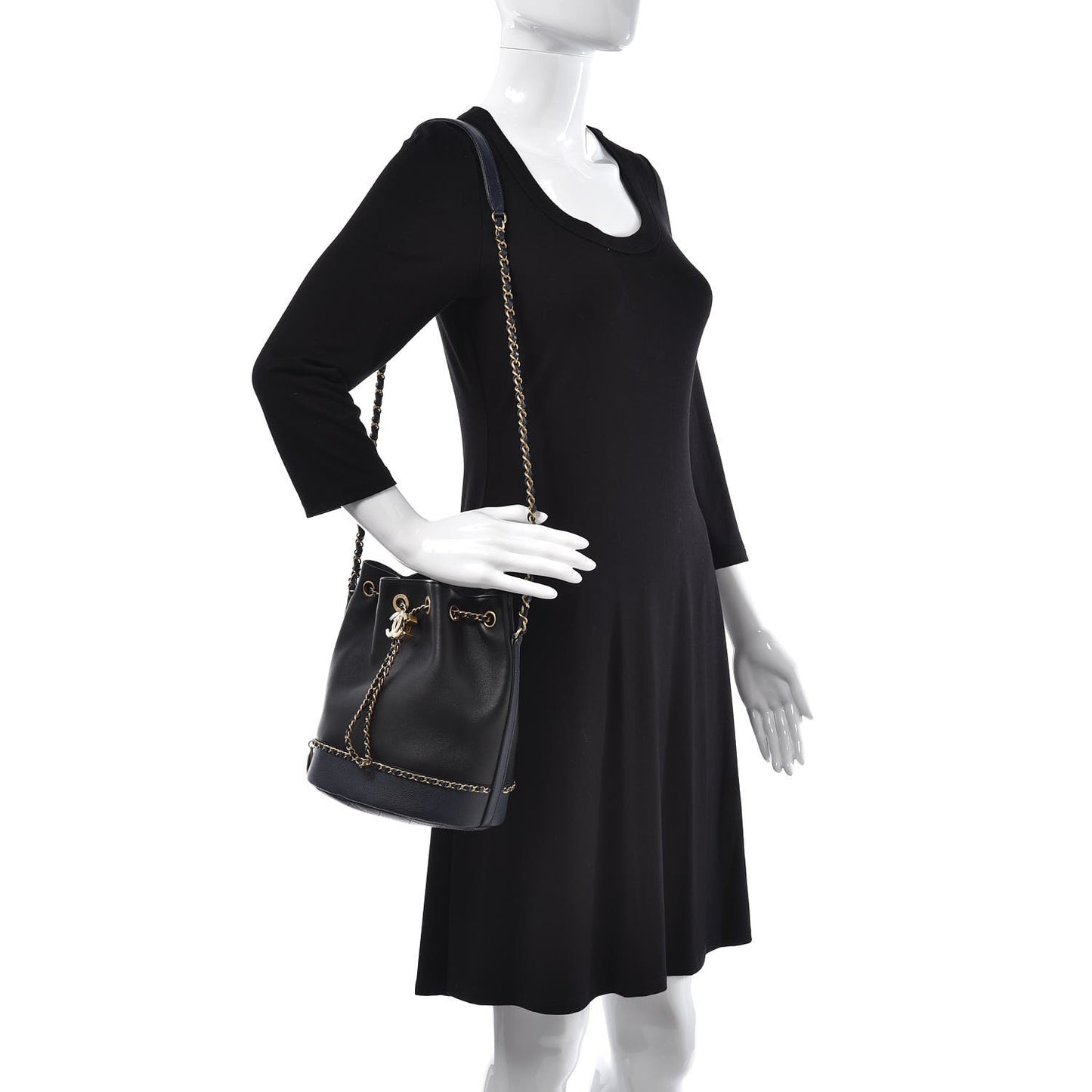 Grained Calfskin Lambskin CC Drawstring Bag Black Dark Blue