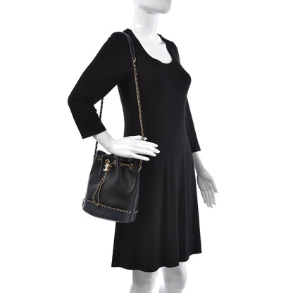 Chanel Grained Calfskin Lambskin CC Drawstring Bag Black Dark Blue 2 of 8