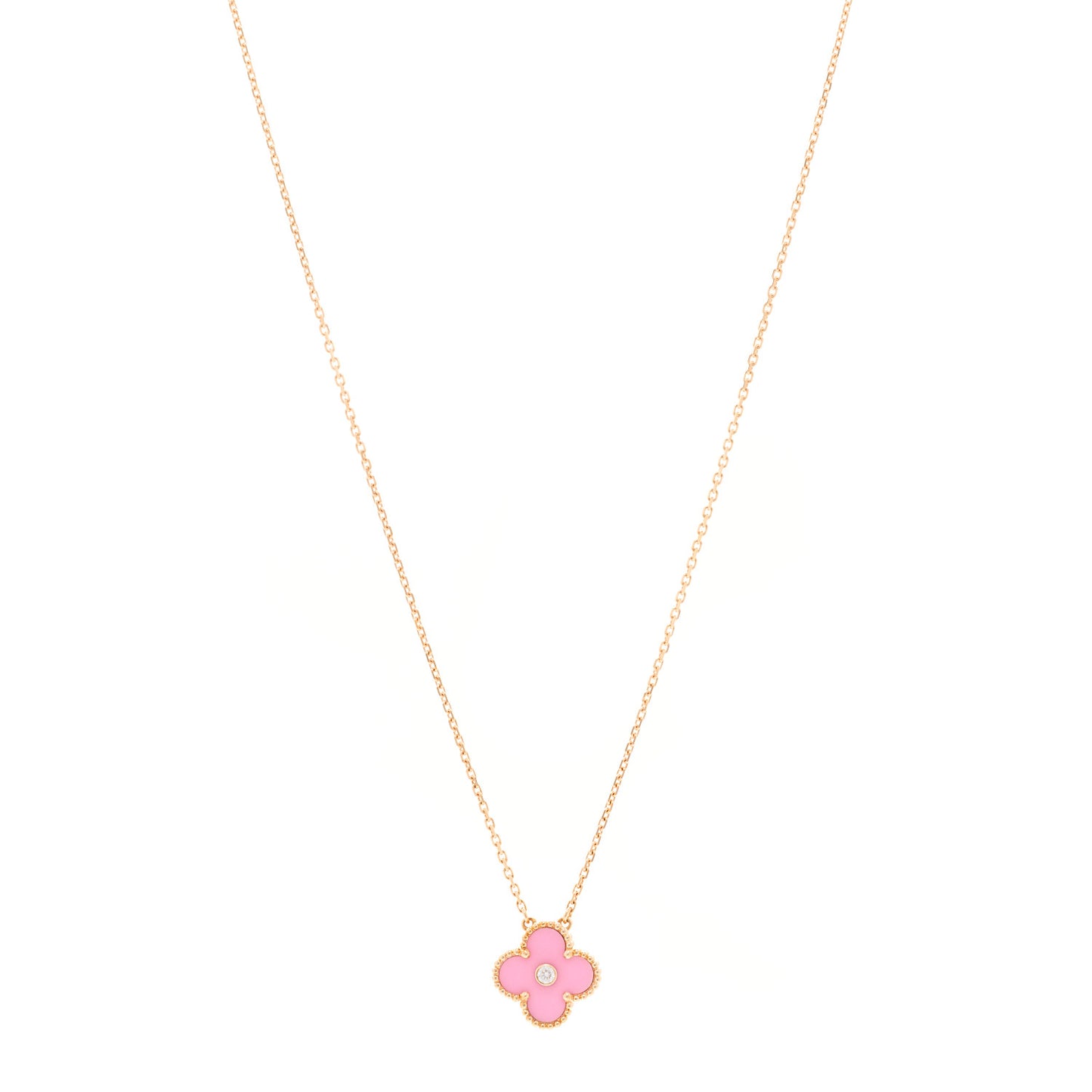 18K Rose Gold Diamond Pink Porcelain Vintage Alhambra Pendant Necklace