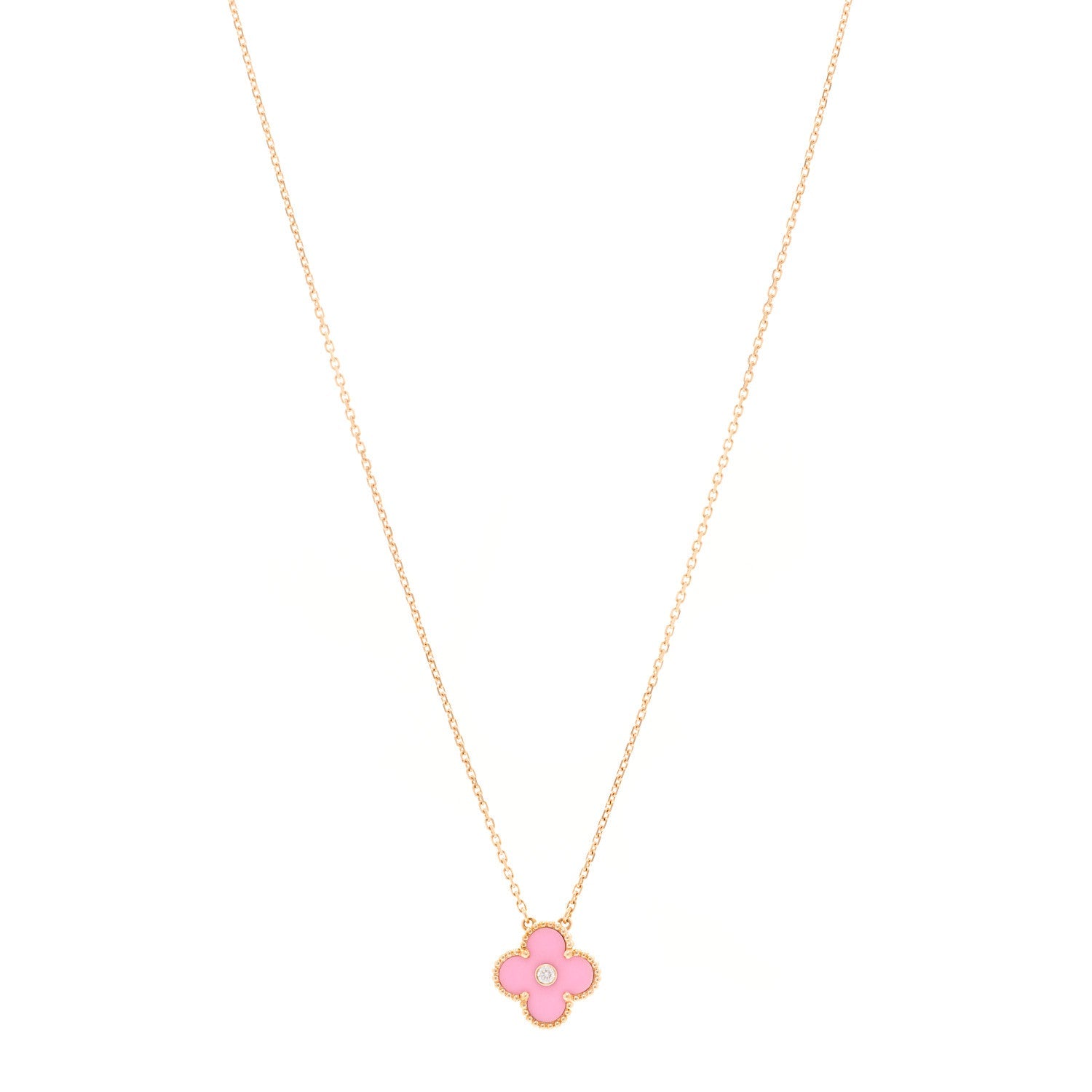 Van Cleef & Arpels 18K Rose Gold Diamond Pink Porcelain Vintage Alhambra Pendant Necklace 1 of 5