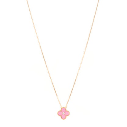 Van Cleef & Arpels 18K Rose Gold Diamond Pink Porcelain Vintage Alhambra Pendant Necklace 1 of 5