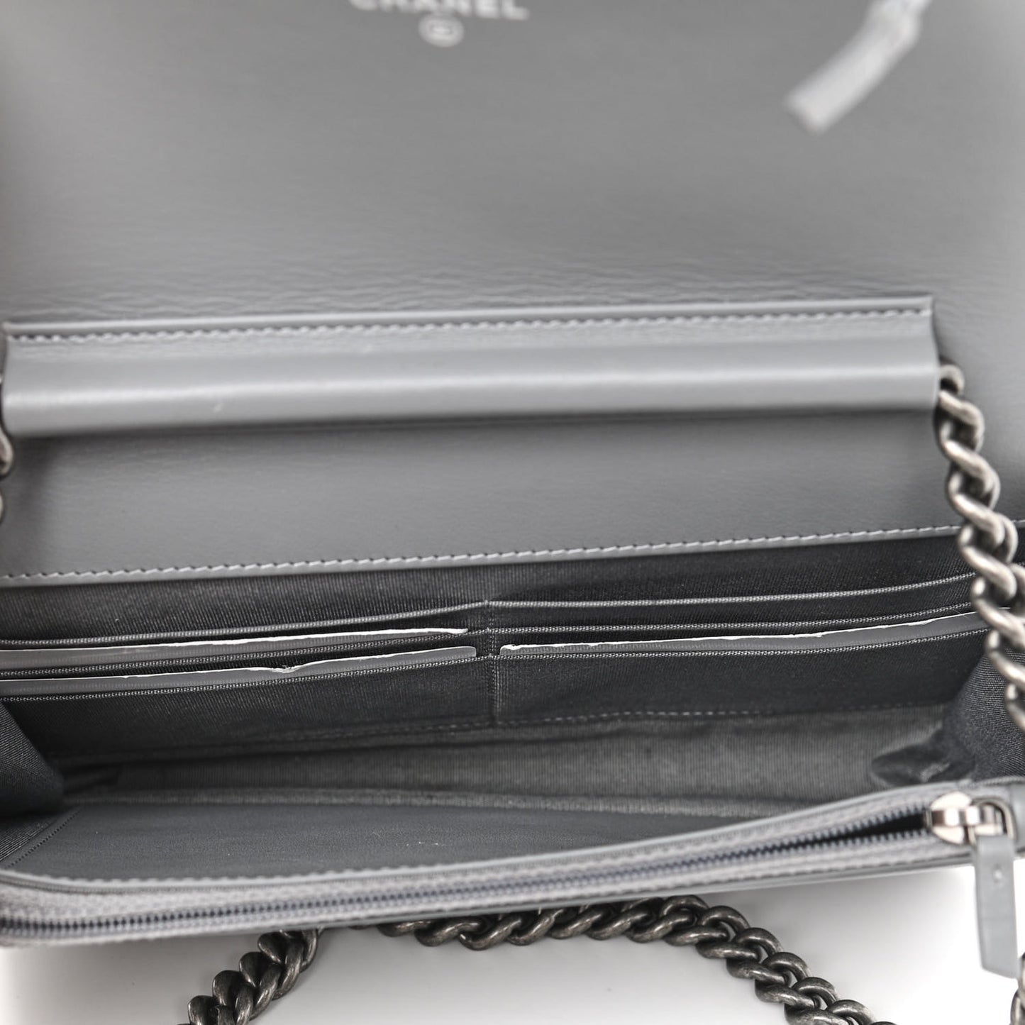 Caviar Chevron Quilted Boy Wallet On Chain WOC Grey