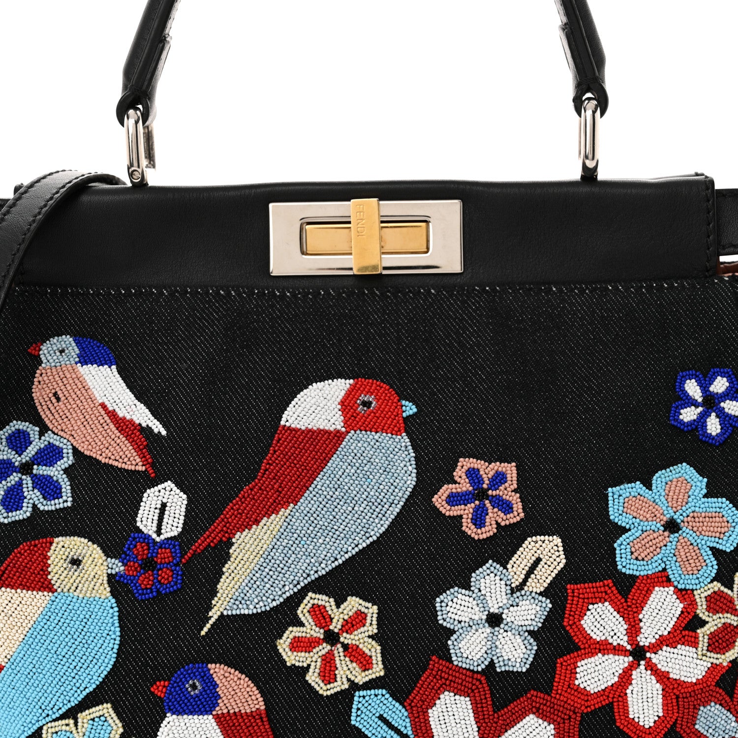 Fendi Denim Vitello Dolce QuTweet Beaded Medium Peekaboo Iconic Satchel Dark Blue Multicolor Black 8 of 12