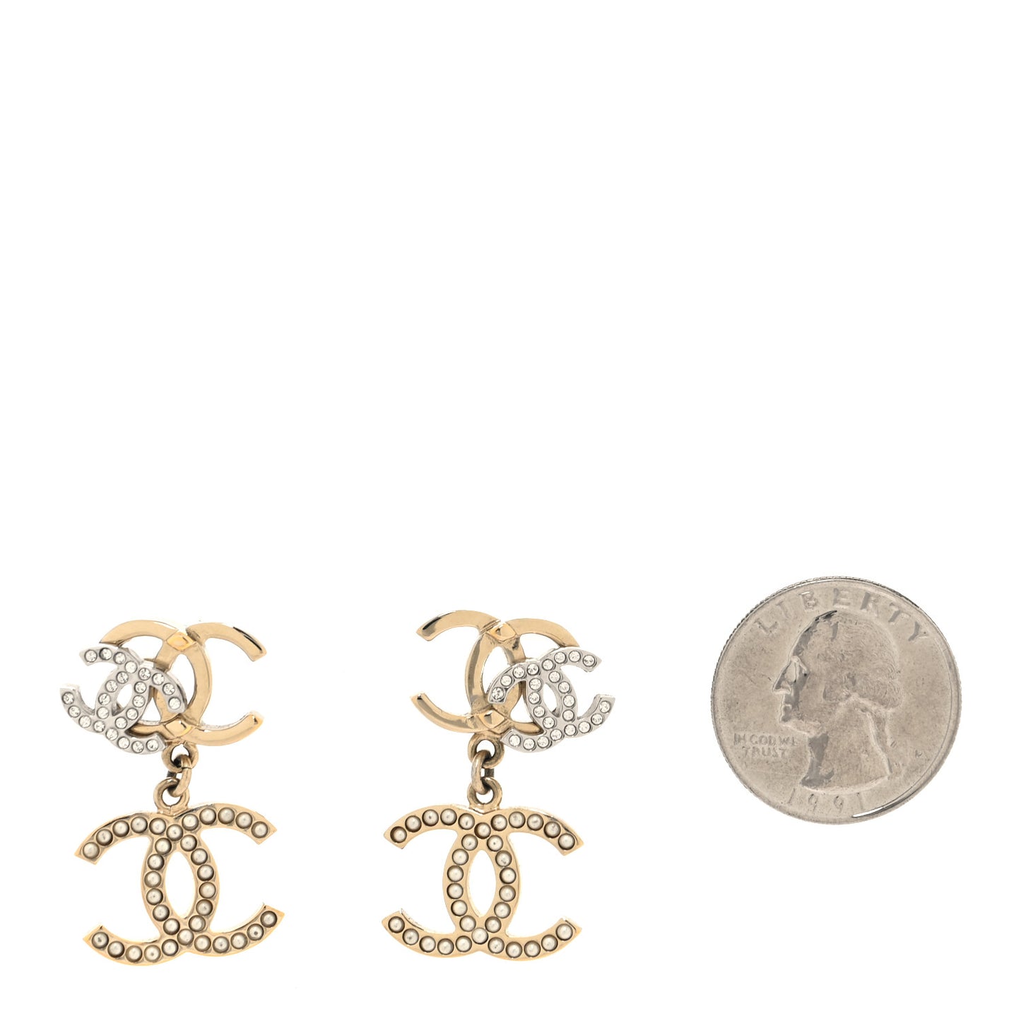 Crystal Pearl Double CC Drop Earrings Gold Silver