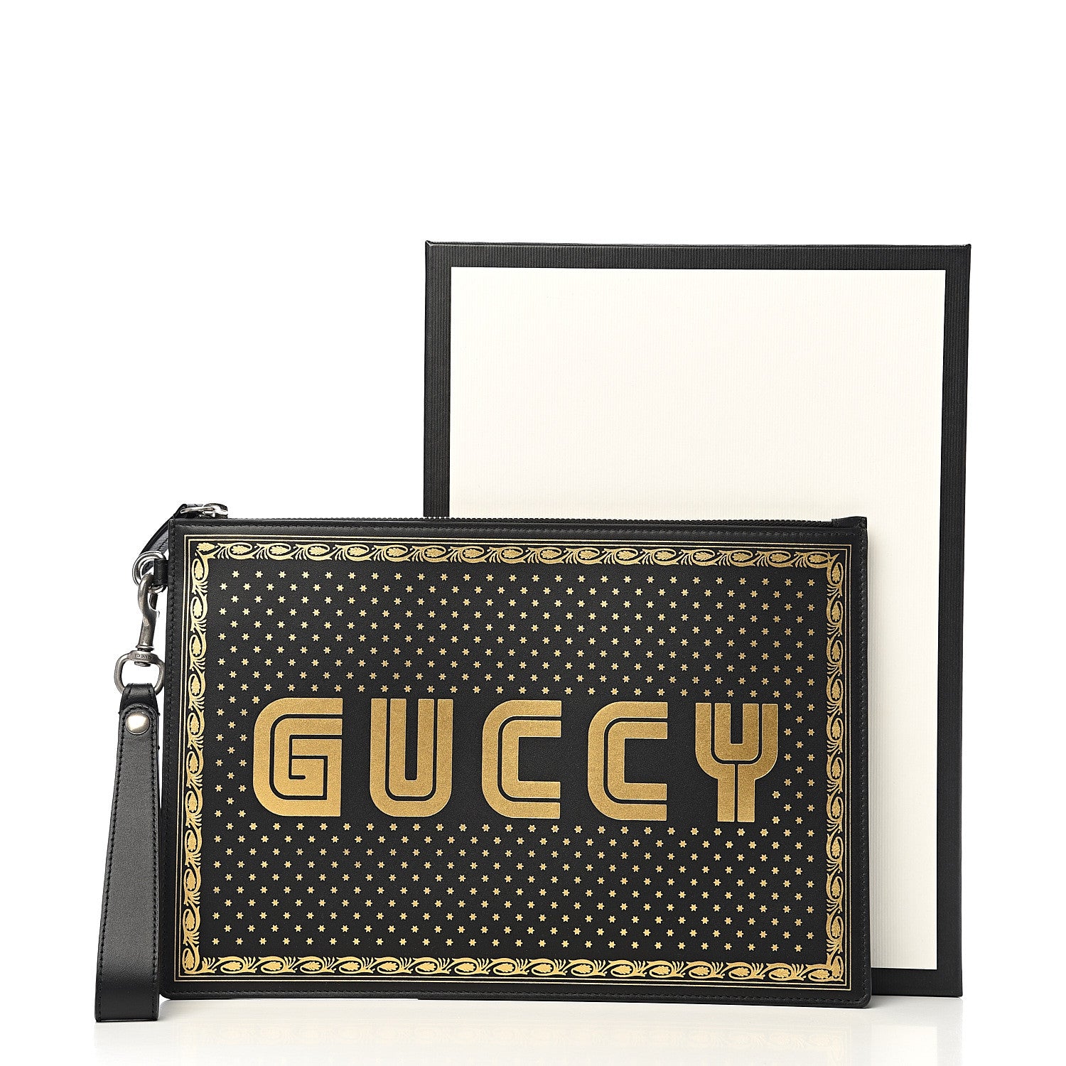 Gucci X SEGA Calfskin GUCCY Stars Zip Wristlet Pouch Black Gold 7 of 7
