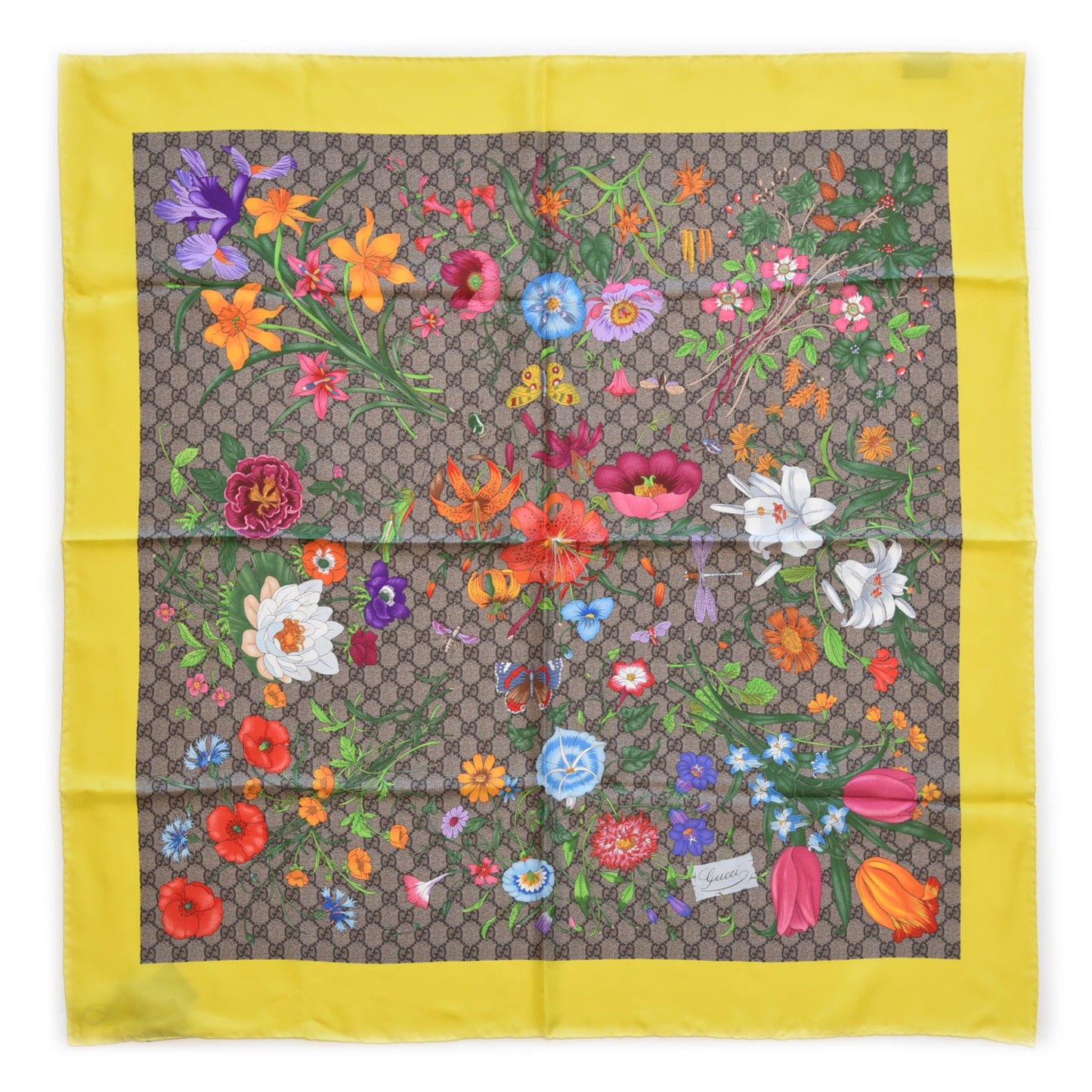 Silk Twill GG Monogram Flora Fluo GG Square Scarf Beige Yellow