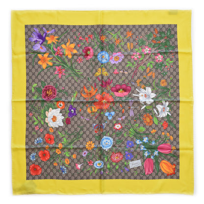 Gucci Silk Twill GG Monogram Flora Fluo GG Square Scarf Beige Yellow 1 of 5
