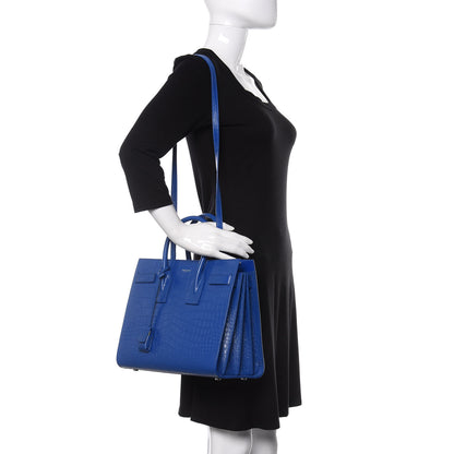 Saint Laurent Calfskin Crocodile Embossed Small Sac De Jour Royal Blue 2 of 14