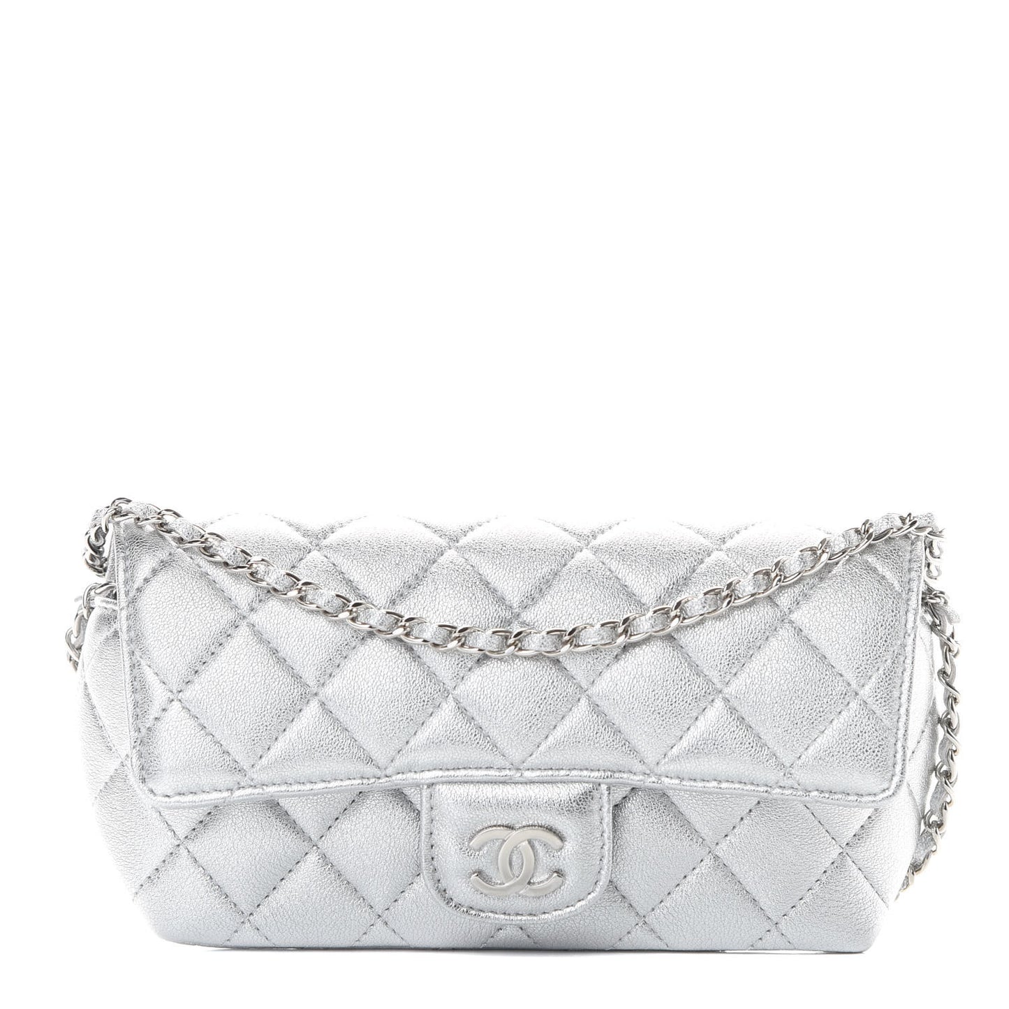 Metallic Lambskin Quilted Glasses Case With Chain Silver