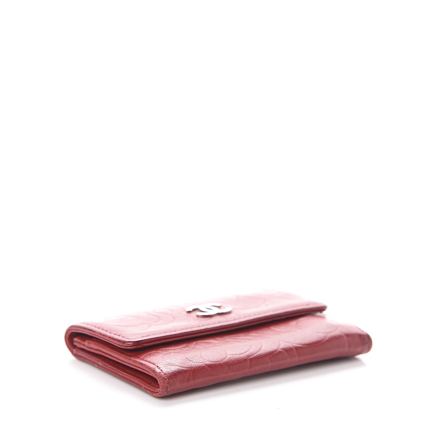 Lambskin Camellia Embossed Flap Card Holder Red