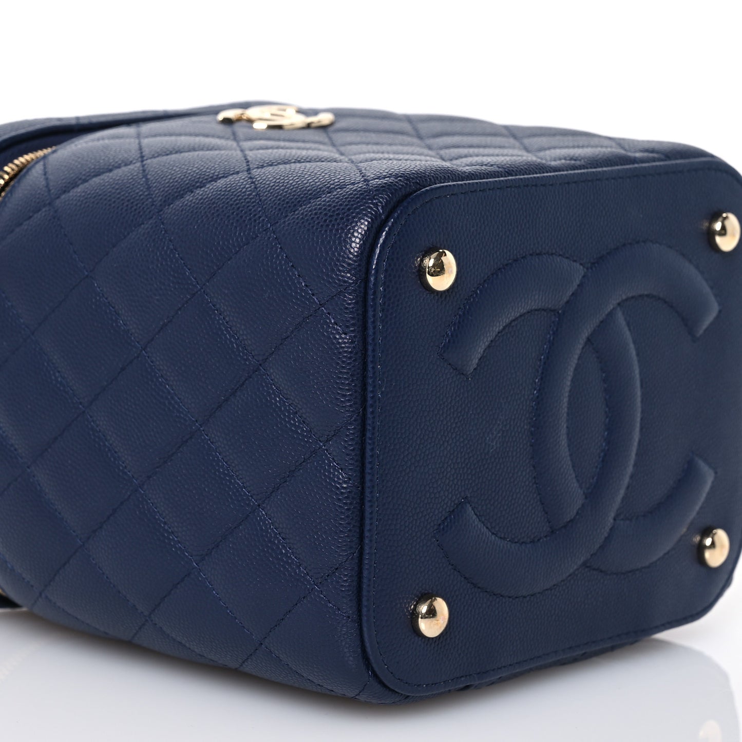 Caviar Quilted Small Top Handle Vanity Case With Chain Navy Blue
