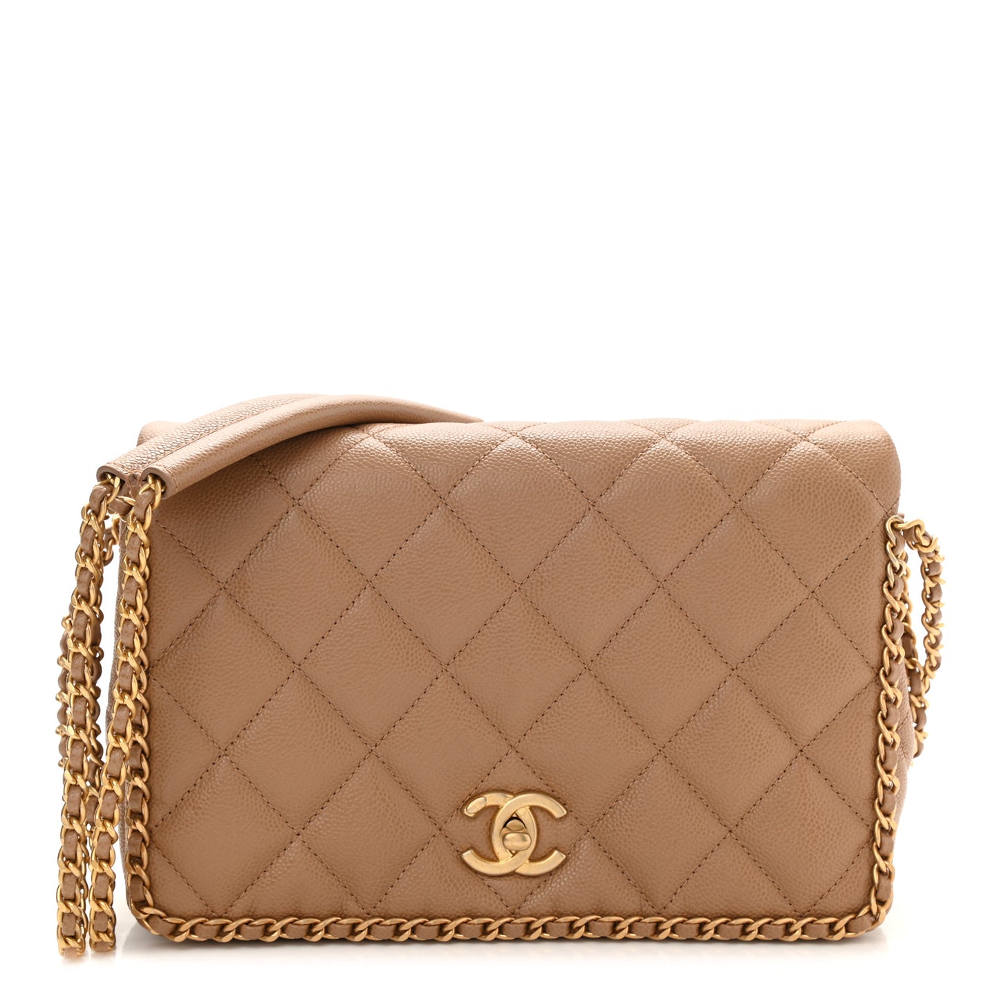 Caviar Quilted Never Ending Chain Flap Beige