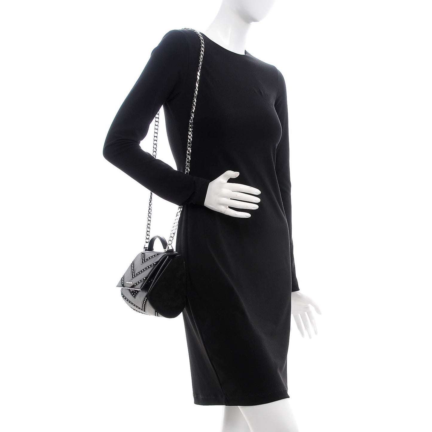 Calfskin Suede Mini Studded Chevron Pandora Box Crossbody Bag Black