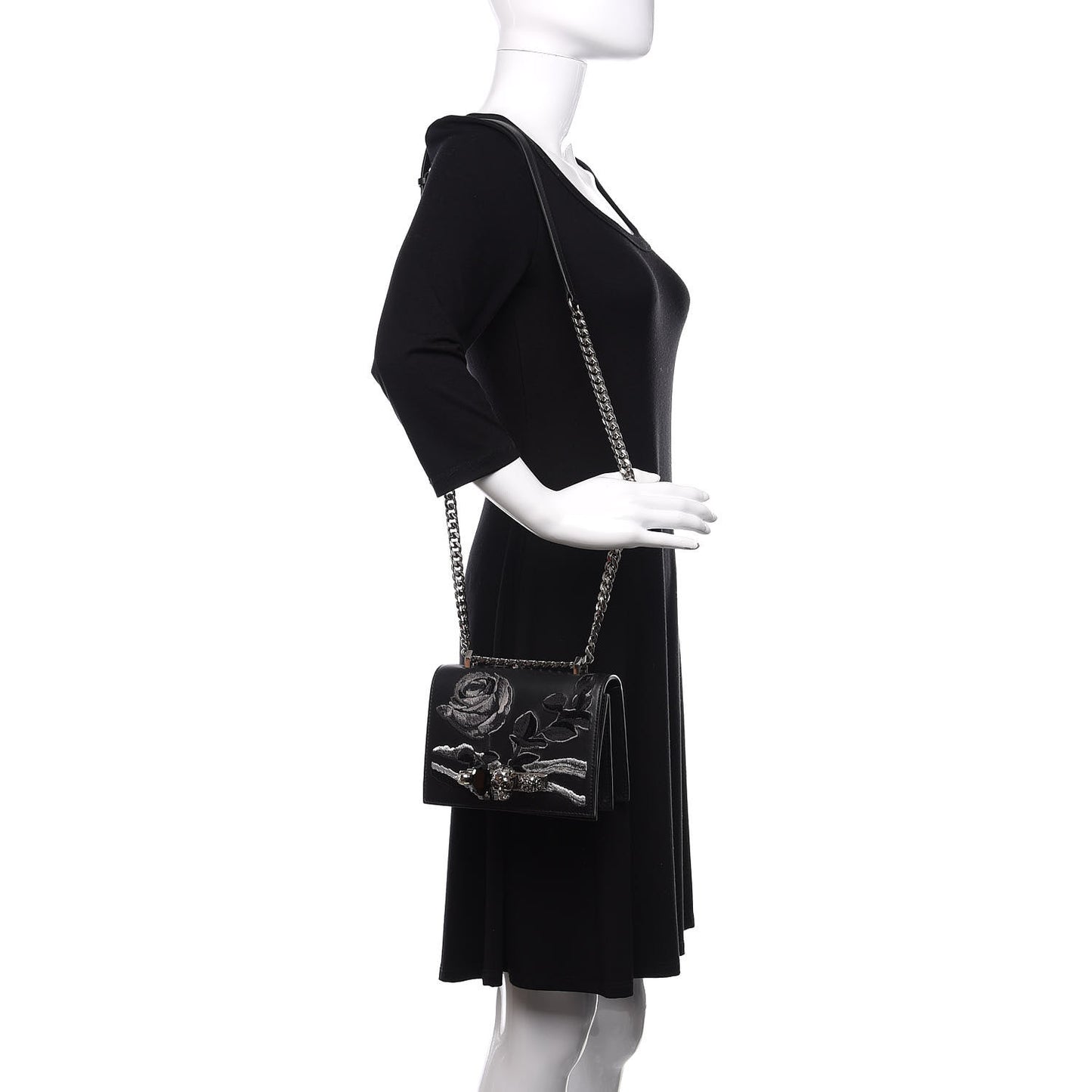 Calfskin Embroidered Knuckle Crossbody Black