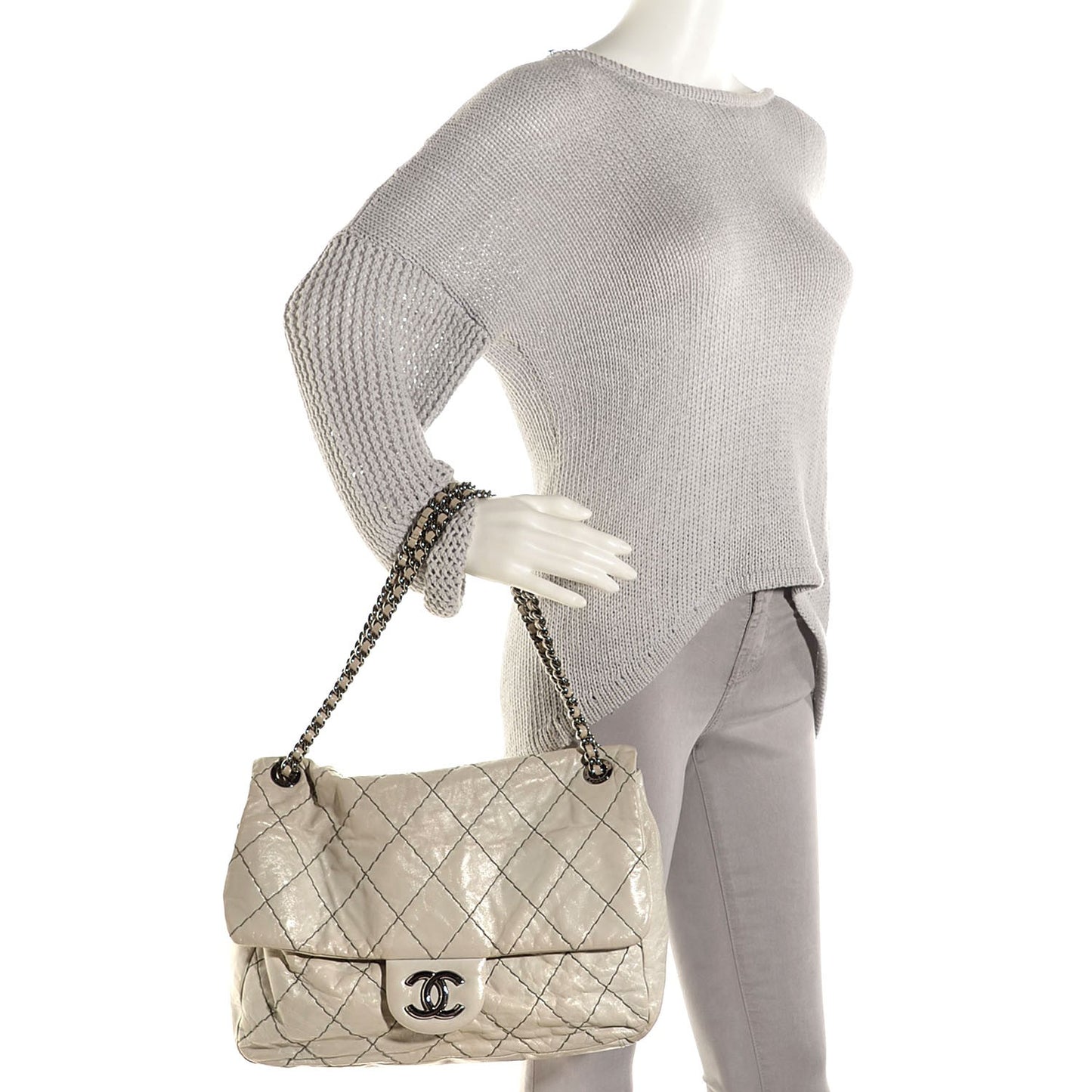 Glazed Goatskin Double Stitch Maxi Flap Light Grey