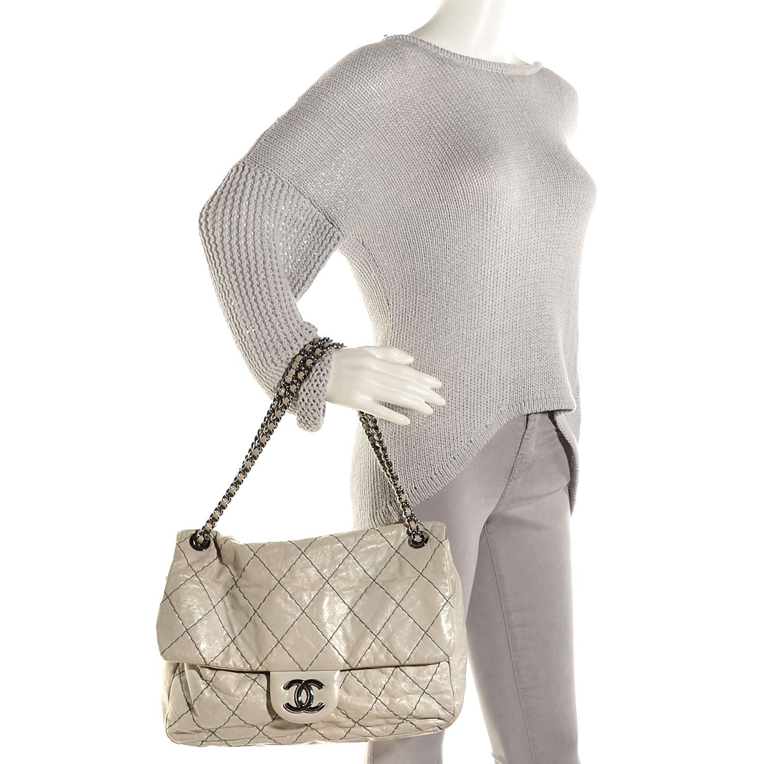 Chanel Glazed Goatskin Double Stitch Maxi Flap Light Grey 2 of 7