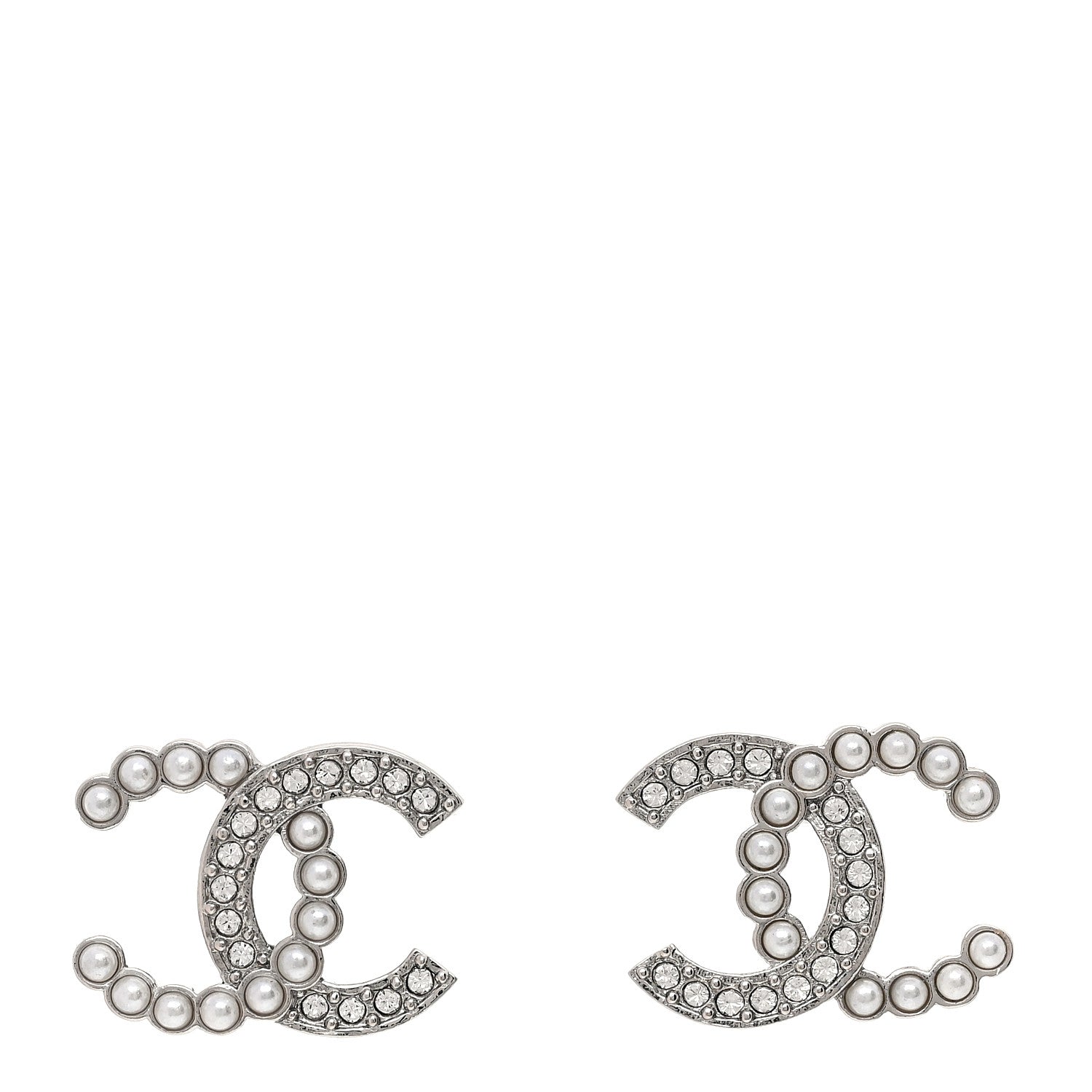 Chanel Pearl Crystal CC Earrings Silver Pearly White 1 of 5
