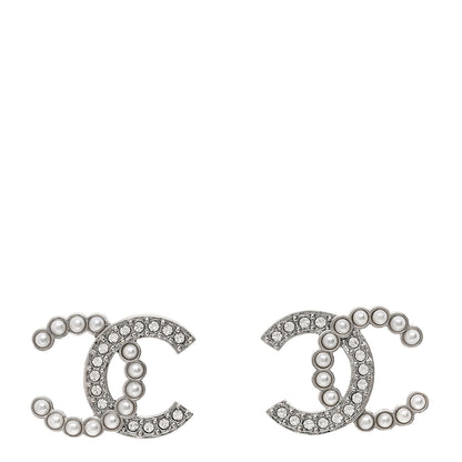 Chanel Pearl Crystal CC Earrings Silver Pearly White 1 of 5
