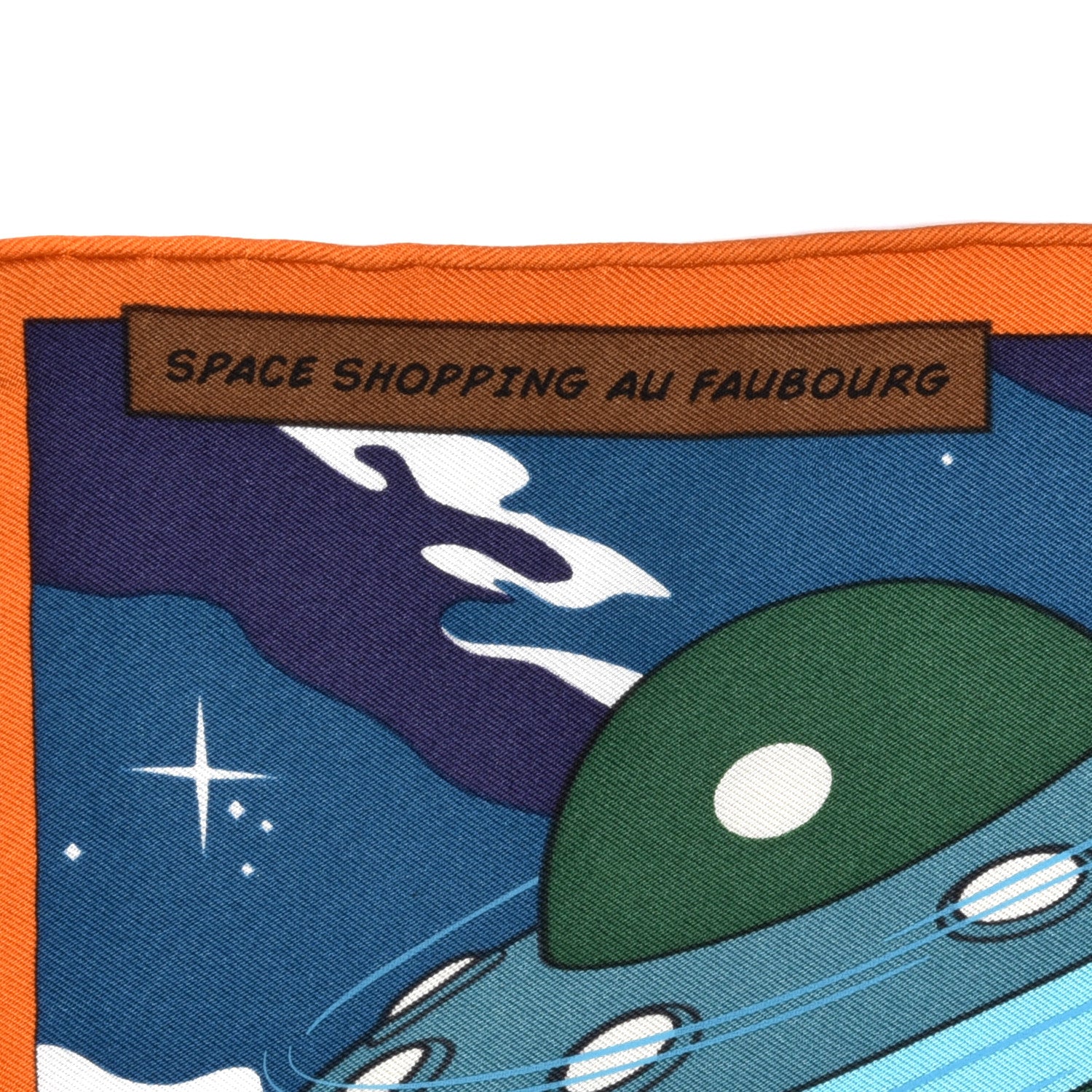 Hermes Silk Space Shopping Au Faubourg Pocket Square Scarf Bleu Orange Vert 3 of 6