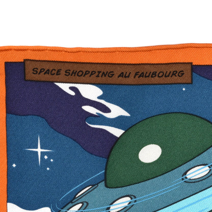 Hermes Silk Space Shopping Au Faubourg Pocket Square Scarf Bleu Orange Vert 3 of 6