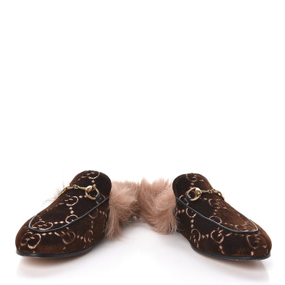 Gucci Velvet GG Monogram Fur Womens Princetown Slippers 35.5 Brown Black Natural 5 of 11