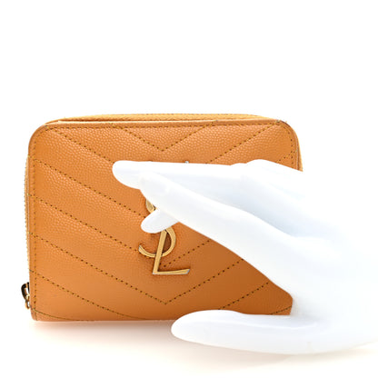 Saint Laurent Grain De Poudre Matelasse Chevron Monogram Compact Zip Around Wallet Senape Yellow 2 of 6
